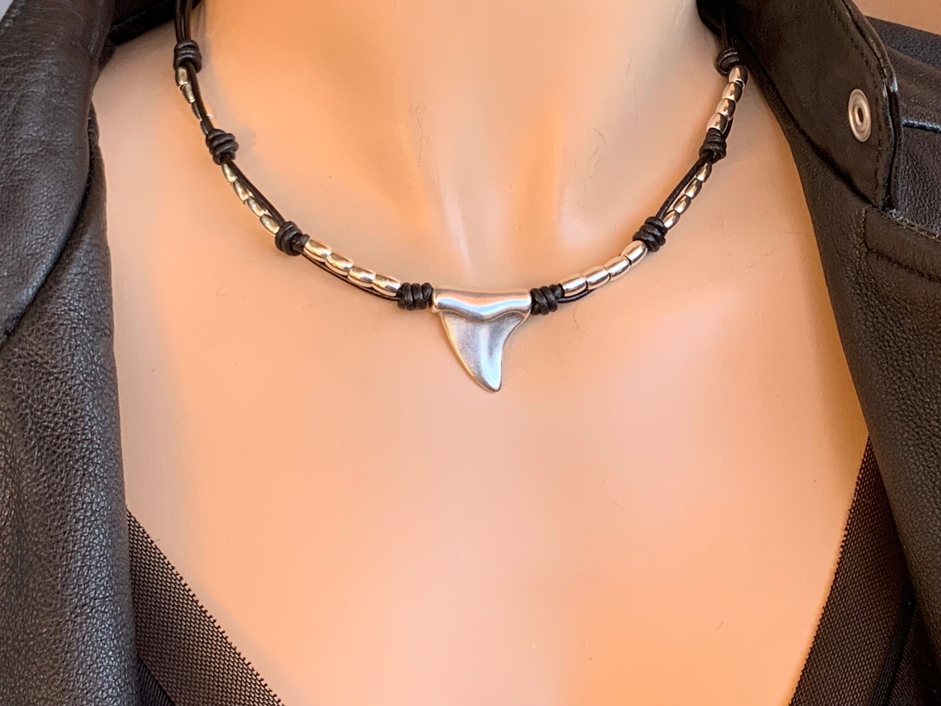 Leather Necklace with Silver Plated Shark Tooth Pendant • Modern Unisex Jewelry