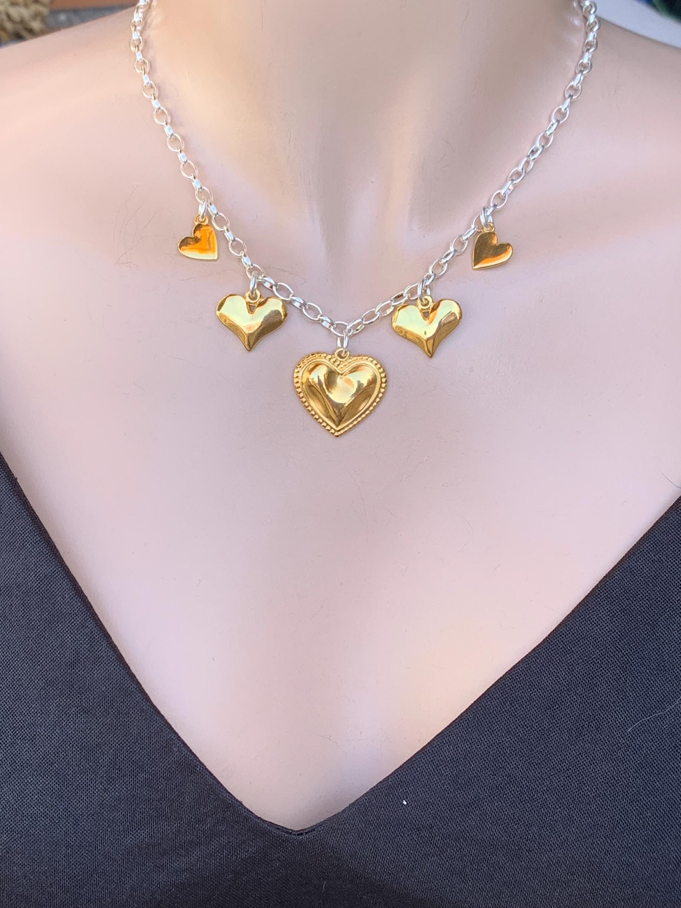 Set of necklaces with heart pendant charms, gold and silver necklaces, bohemian necklace, layering necklace set, valentines gift for women