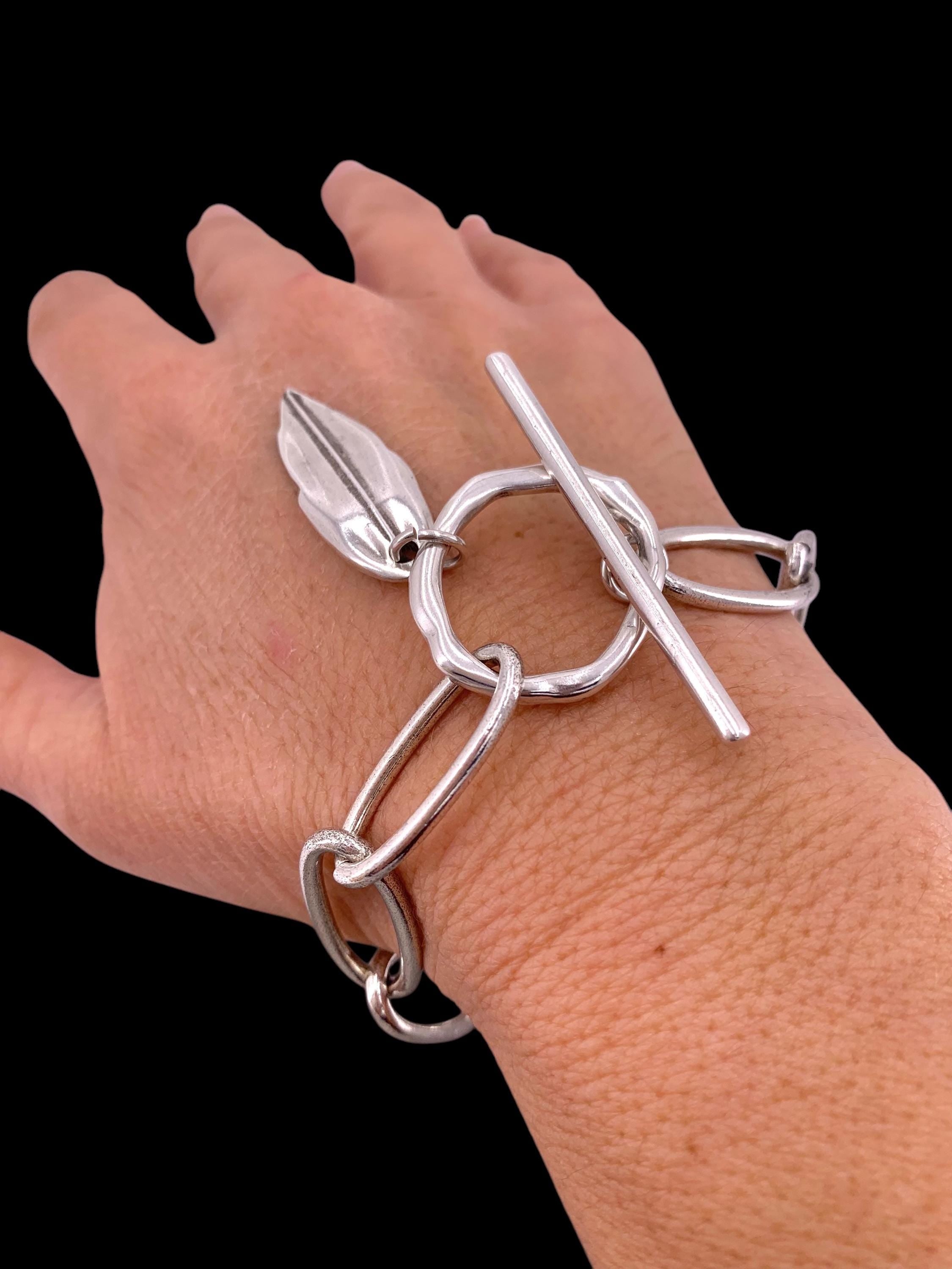 Big link silver toggle bracelet with leaf pendant bracelet, pendant chunky bracelet, , customized bracelet, valentines gift