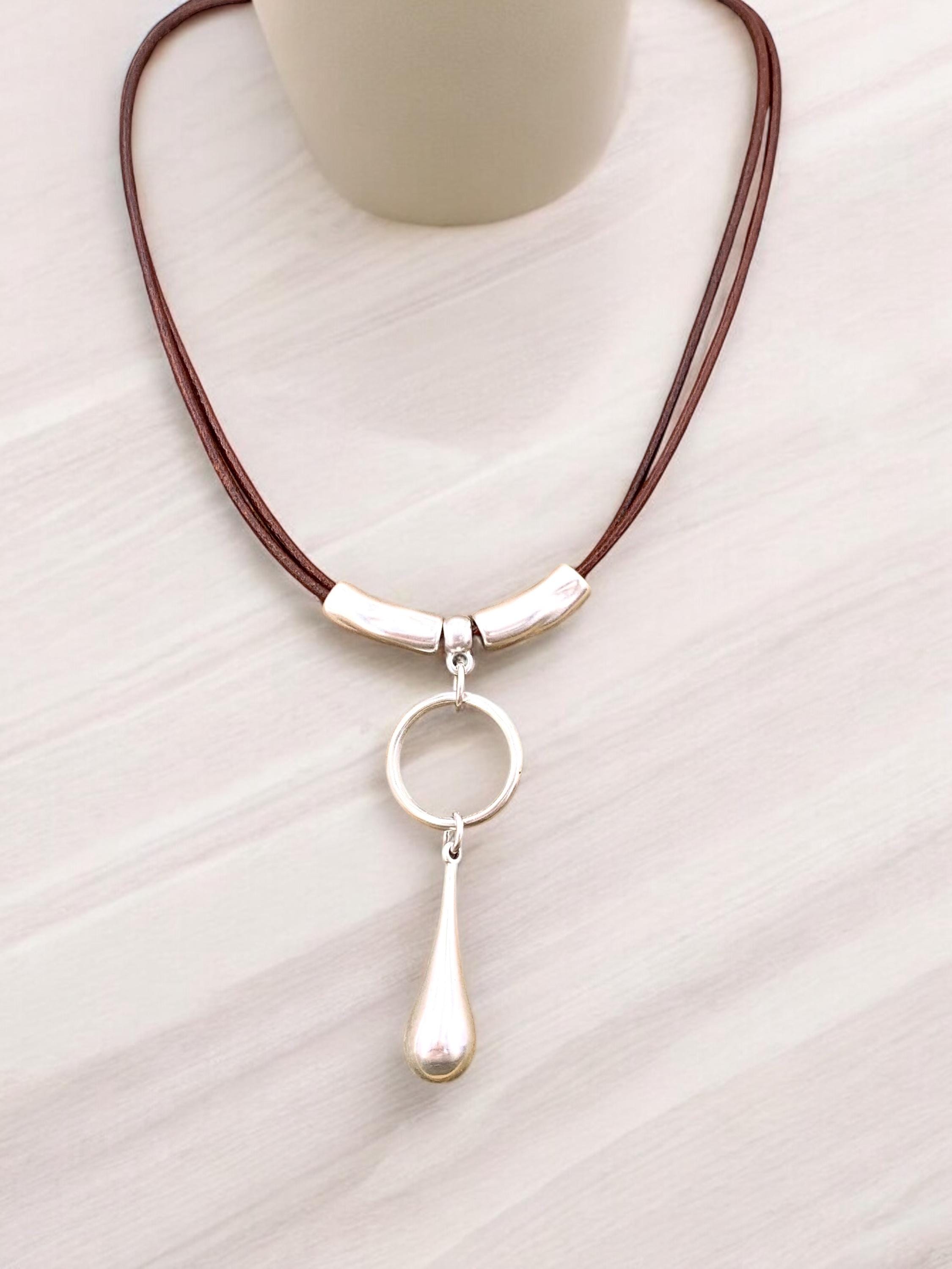 Dropped silver pendant leather necklace, silver necklace, drop tear necklace, chunky pendant necklace, , Ibiza necklace,