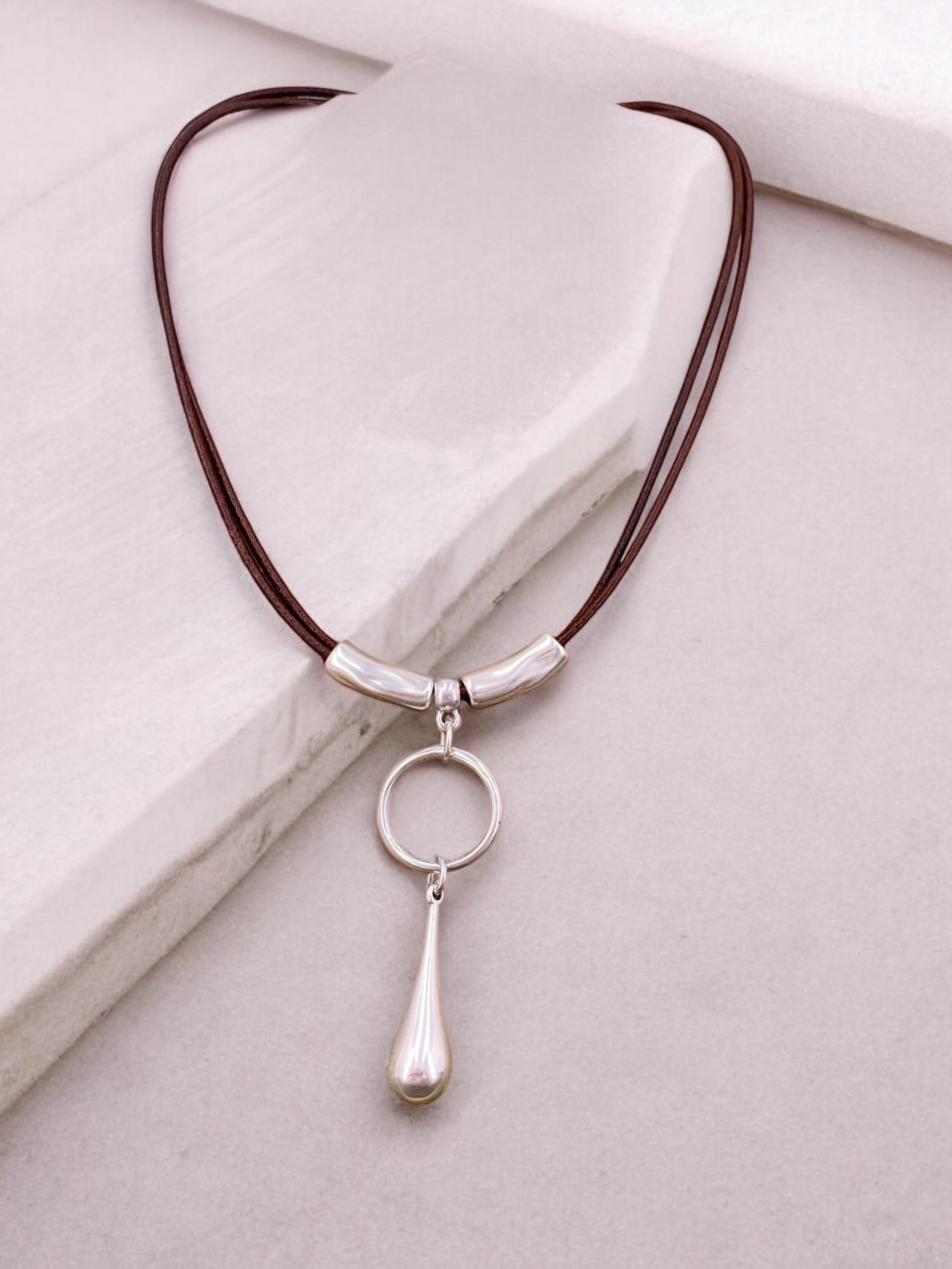 Dropped silver pendant leather necklace, silver necklace, drop tear necklace, chunky pendant necklace, , Ibiza necklace,