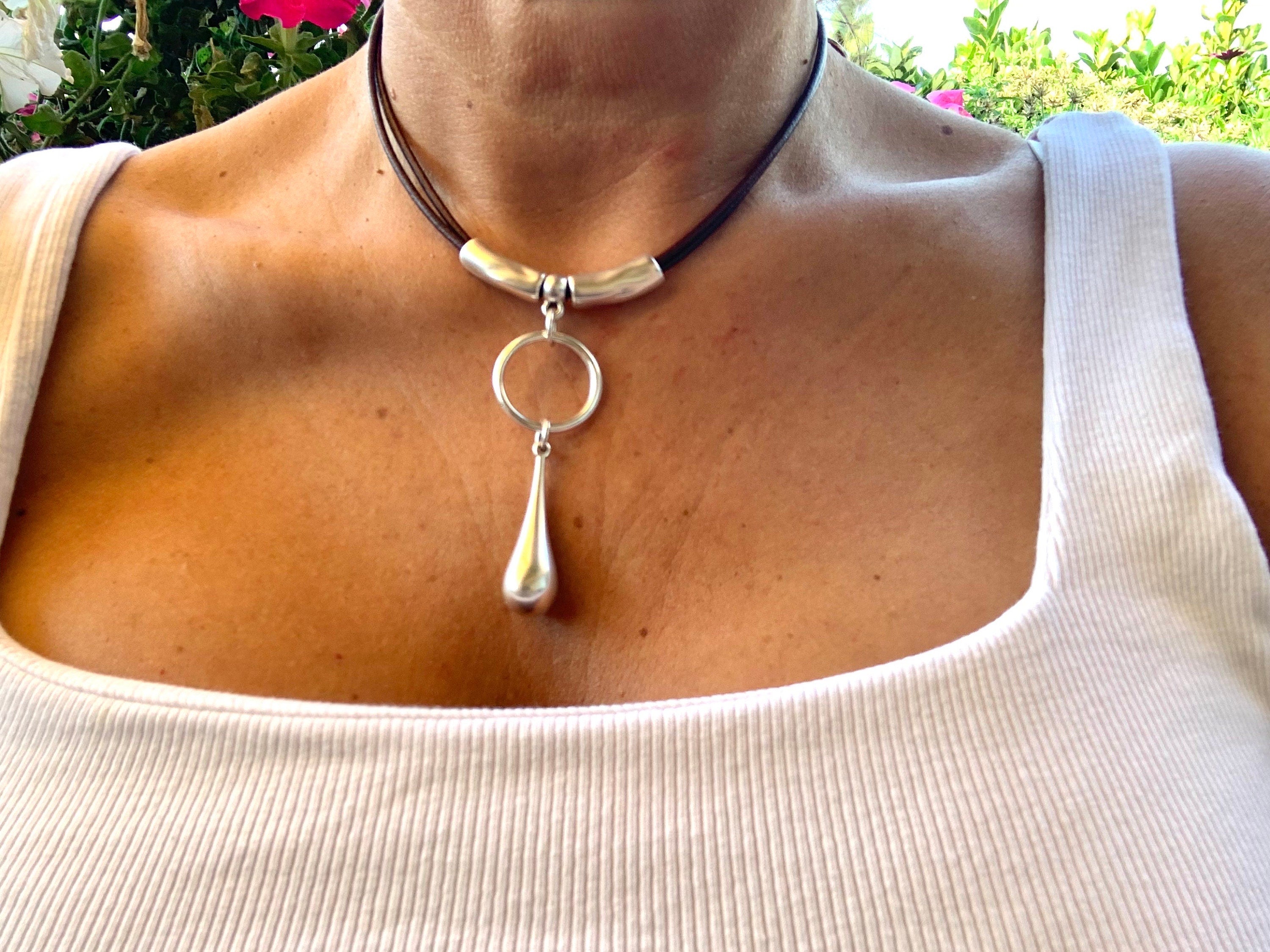 Dropped silver pendant leather necklace, silver necklace, drop tear necklace, chunky pendant necklace, , Ibiza necklace,