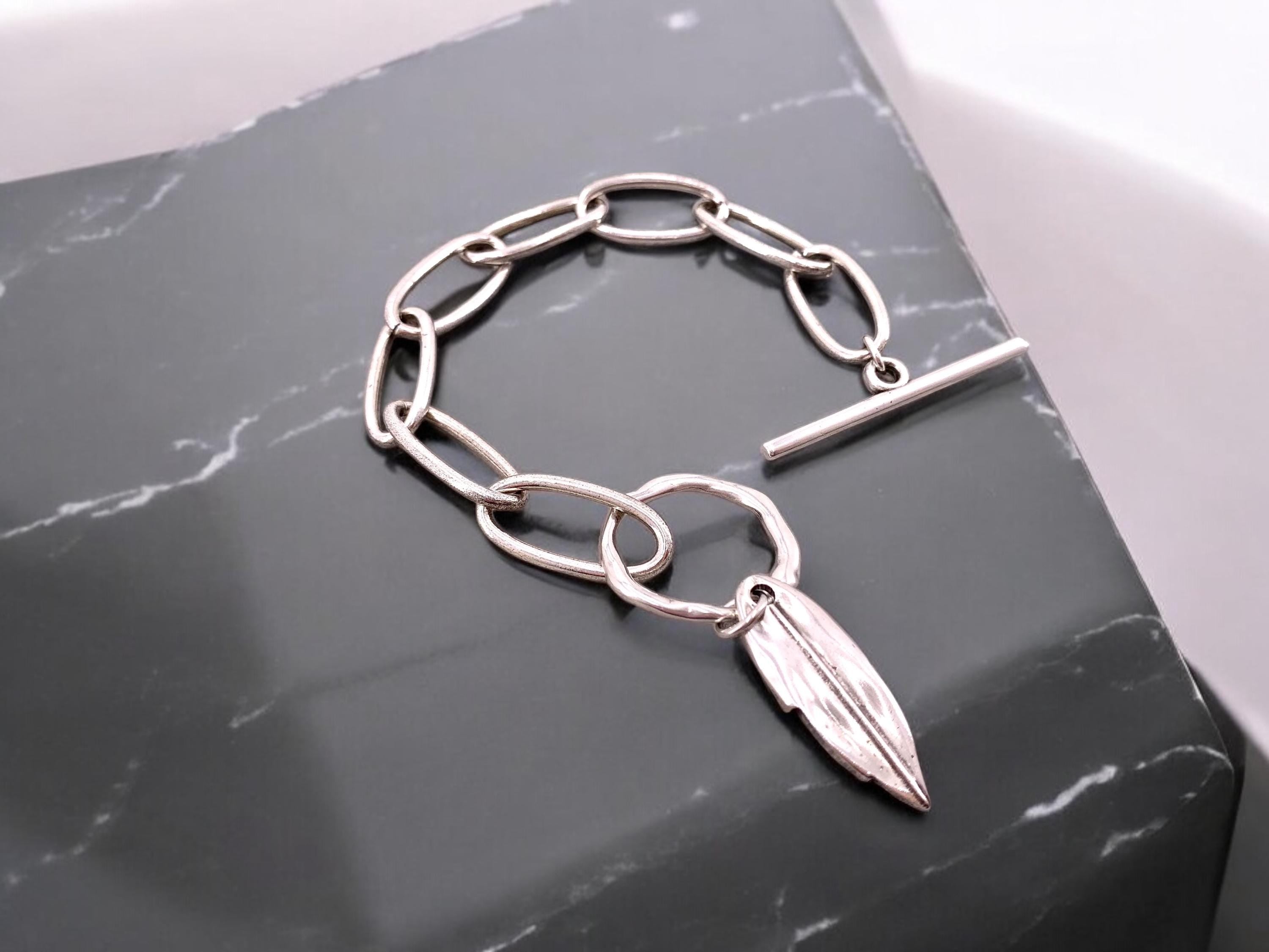 Big link silver toggle bracelet with leaf pendant bracelet, pendant chunky bracelet, , customized bracelet, valentines gift