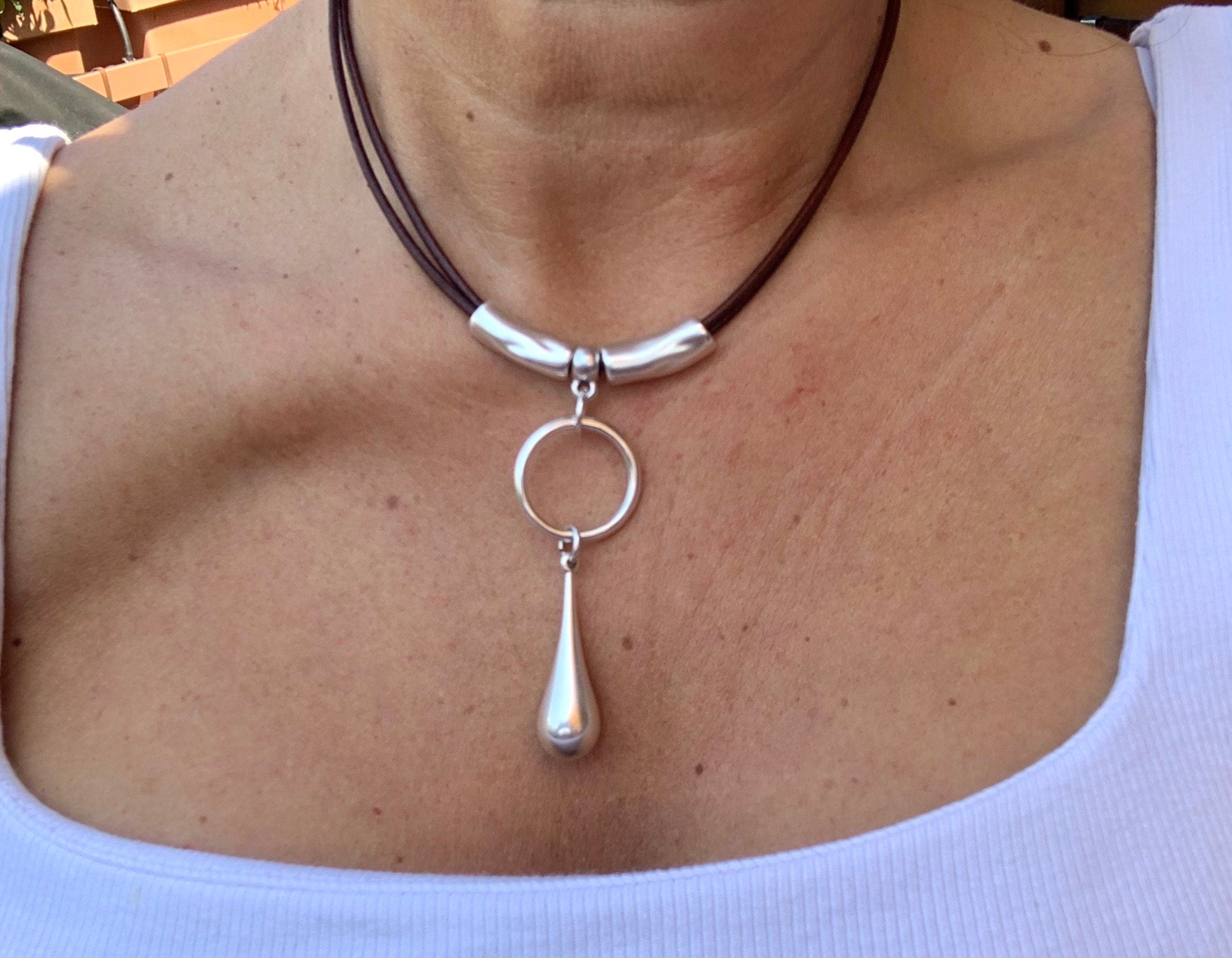 Dropped silver pendant leather necklace, silver necklace, drop tear necklace, chunky pendant necklace, , Ibiza necklace,