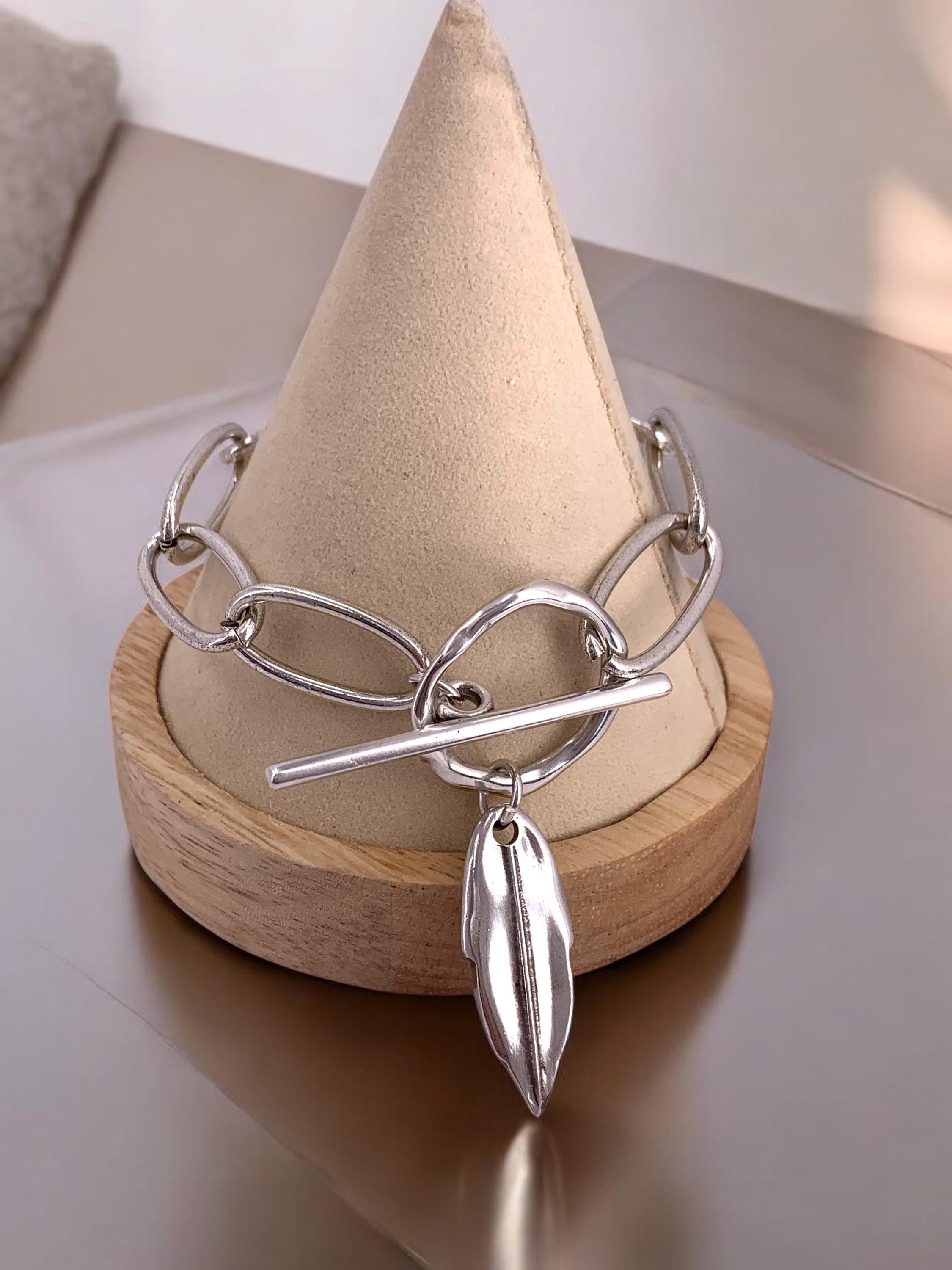 Big link silver toggle bracelet with leaf pendant bracelet, pendant chunky bracelet, , customized bracelet, valentines gift