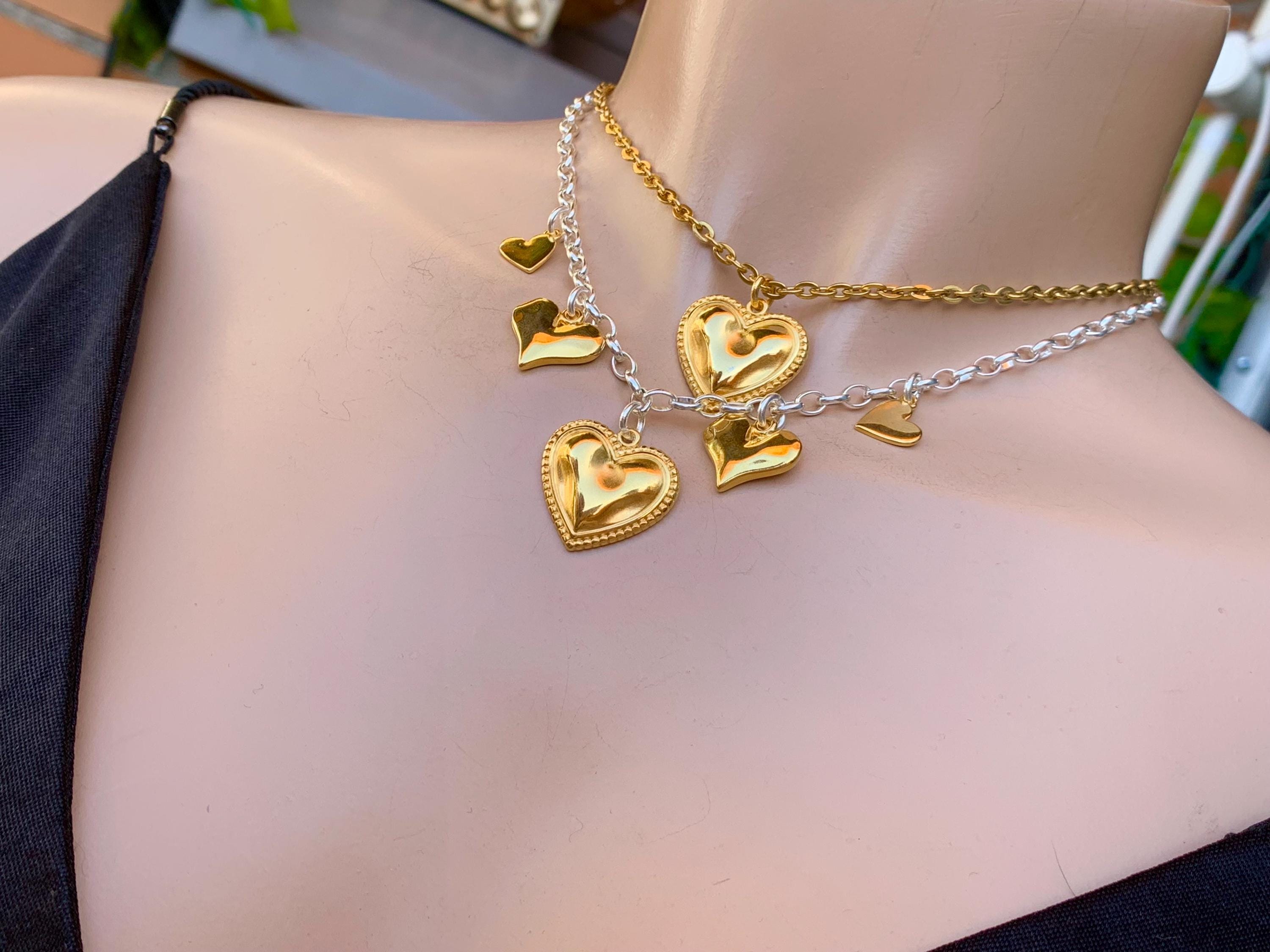 Set of necklaces with heart pendant charms, gold and silver necklaces, bohemian necklace, layering necklace set, valentines gift for women