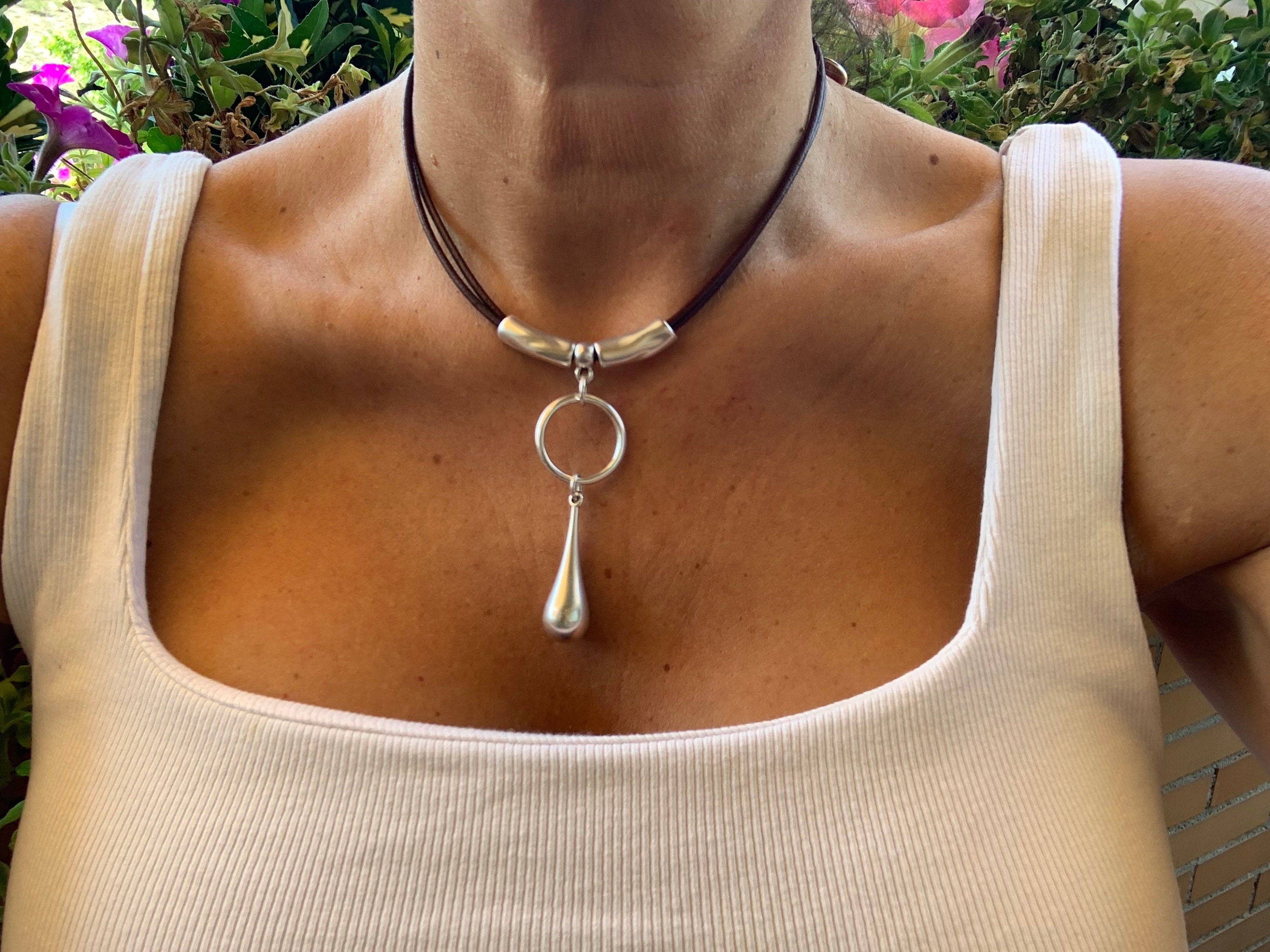 Dropped silver pendant leather necklace, silver necklace, drop tear necklace, chunky pendant necklace, , Ibiza necklace,