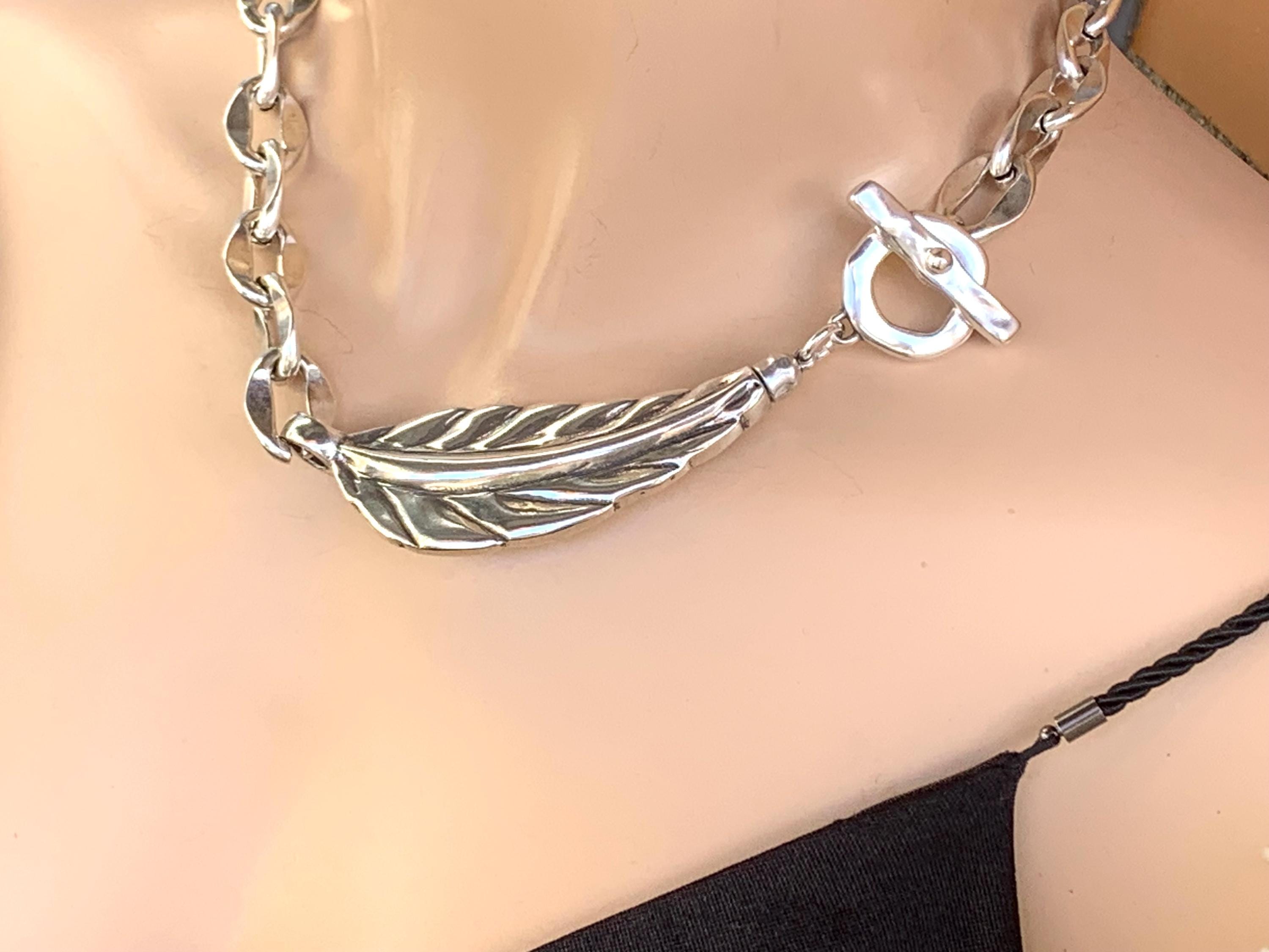 Chunky silver heavyweight chain leaf shaped necklace, bold chain choker, bulky necklace, statement silver necklace, uno de 50 style, gift