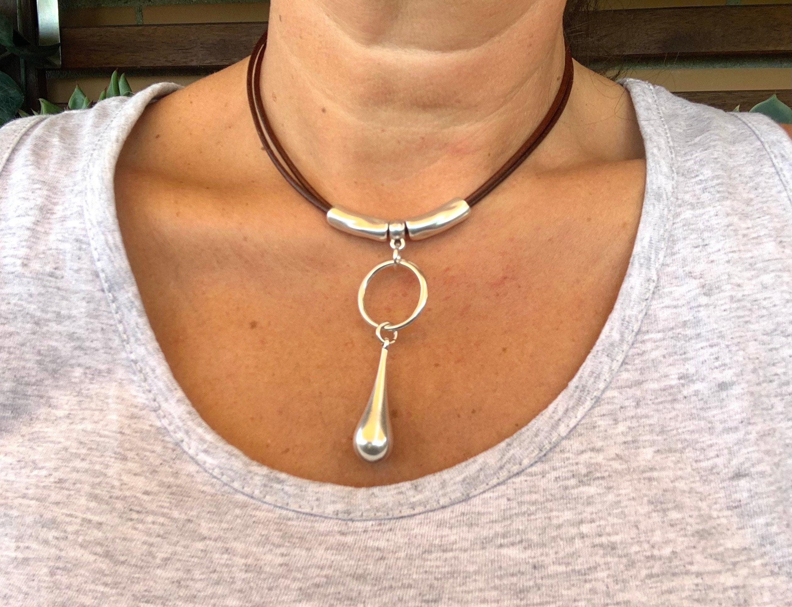 Dropped silver pendant leather necklace, silver necklace, drop tear necklace, chunky pendant necklace, , Ibiza necklace,