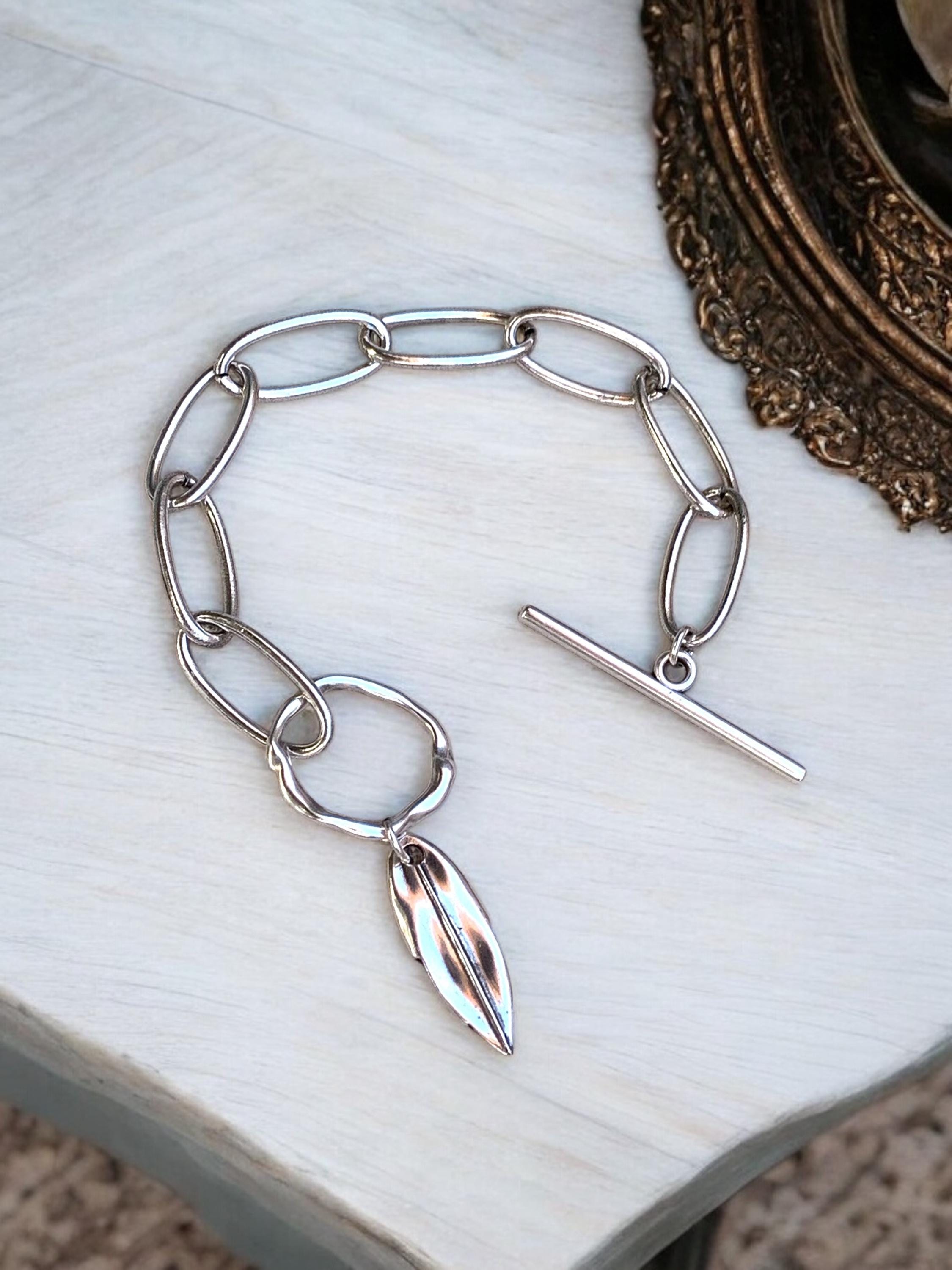 Big link silver toggle bracelet with leaf pendant bracelet, pendant chunky bracelet, , customized bracelet, valentines gift