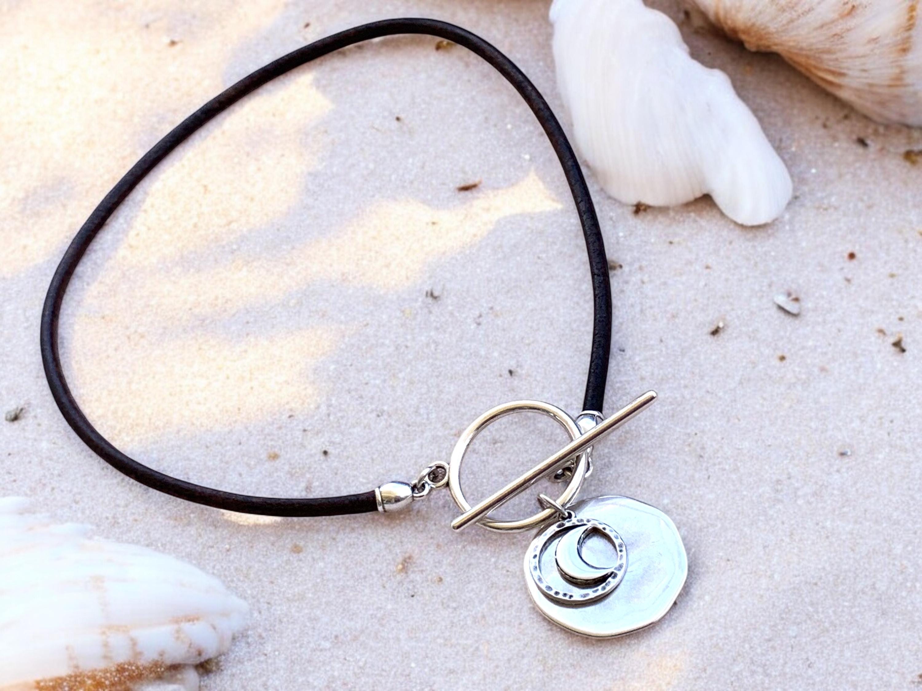 Moon and circle pendant toggle leather necklace, silver toggle necklace, chunky pendant necklace, toggle pendant choker