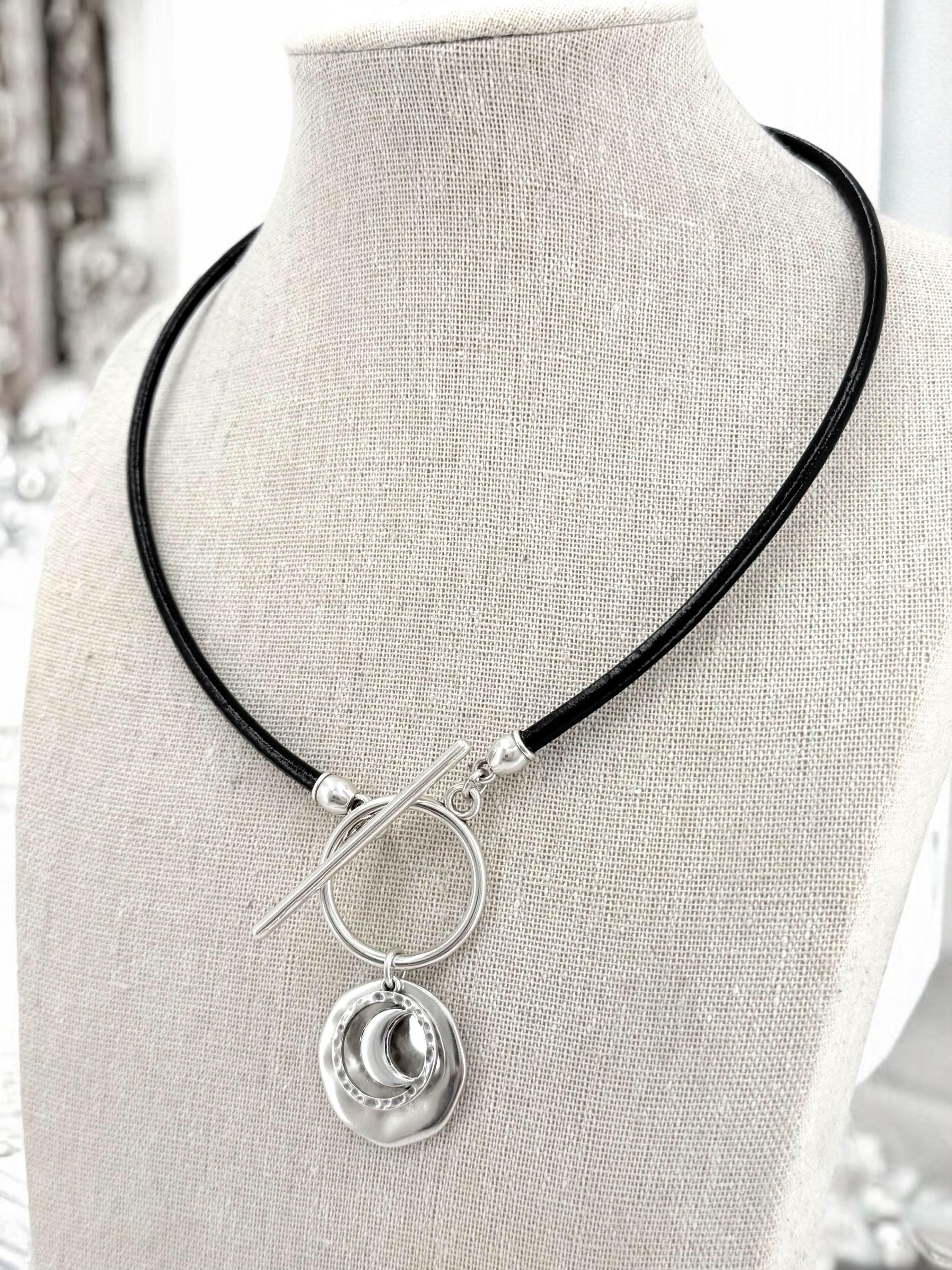 Moon and circle pendant toggle leather necklace, silver toggle necklace, chunky pendant necklace, toggle pendant choker