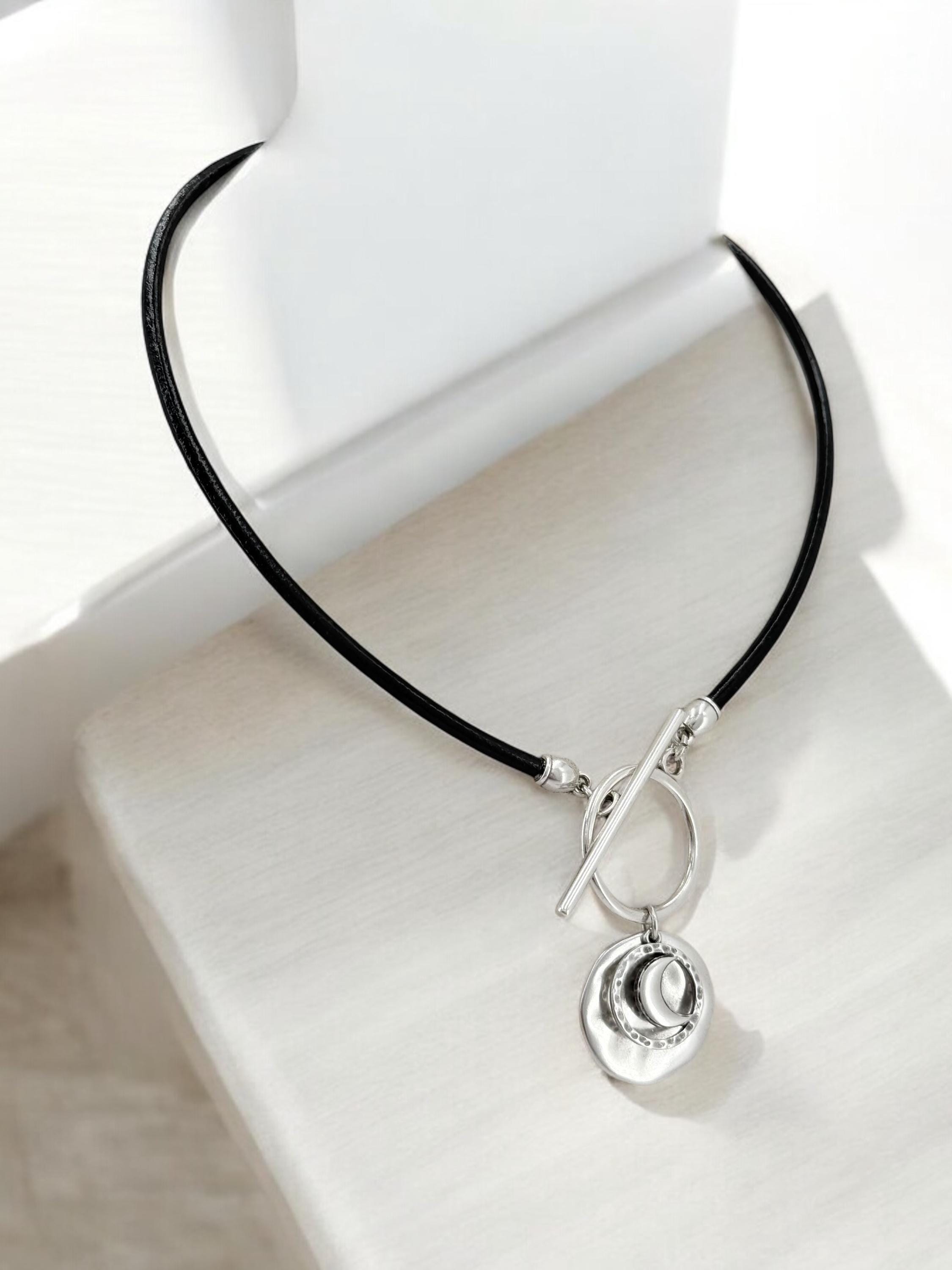 Moon and circle pendant toggle leather necklace, silver toggle necklace, chunky pendant necklace, toggle pendant choker
