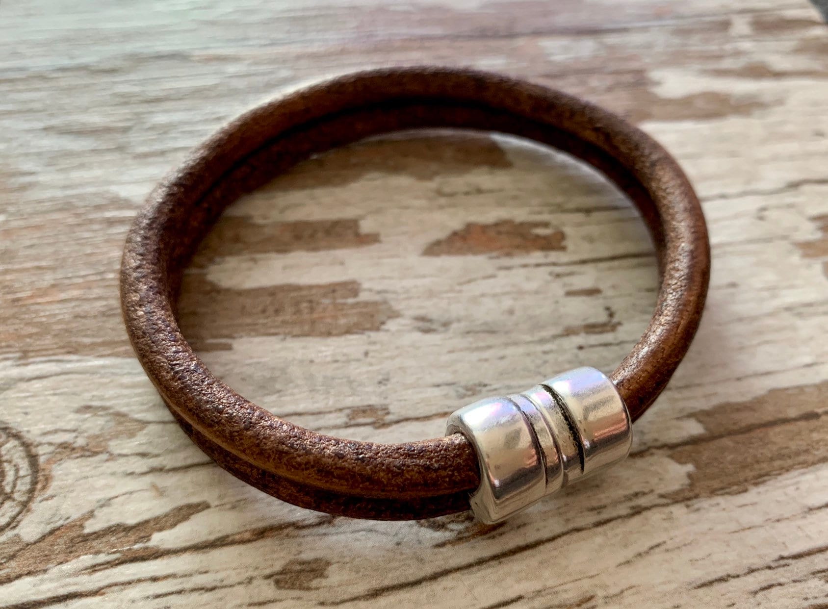 Leather Bracelet for Men with Silver Beads, Surf & Rock Style Adjustable Wristband, Handmade Minimalist Accessory