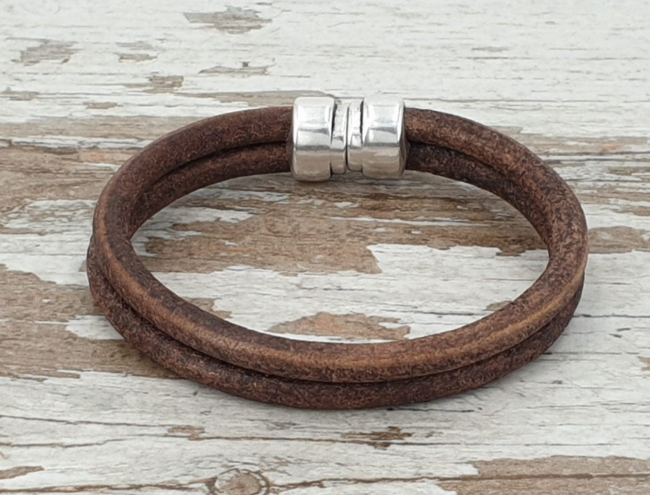Leather Bracelet for Men with Silver Beads, Surf & Rock Style Adjustable Wristband, Handmade Minimalist Accessory