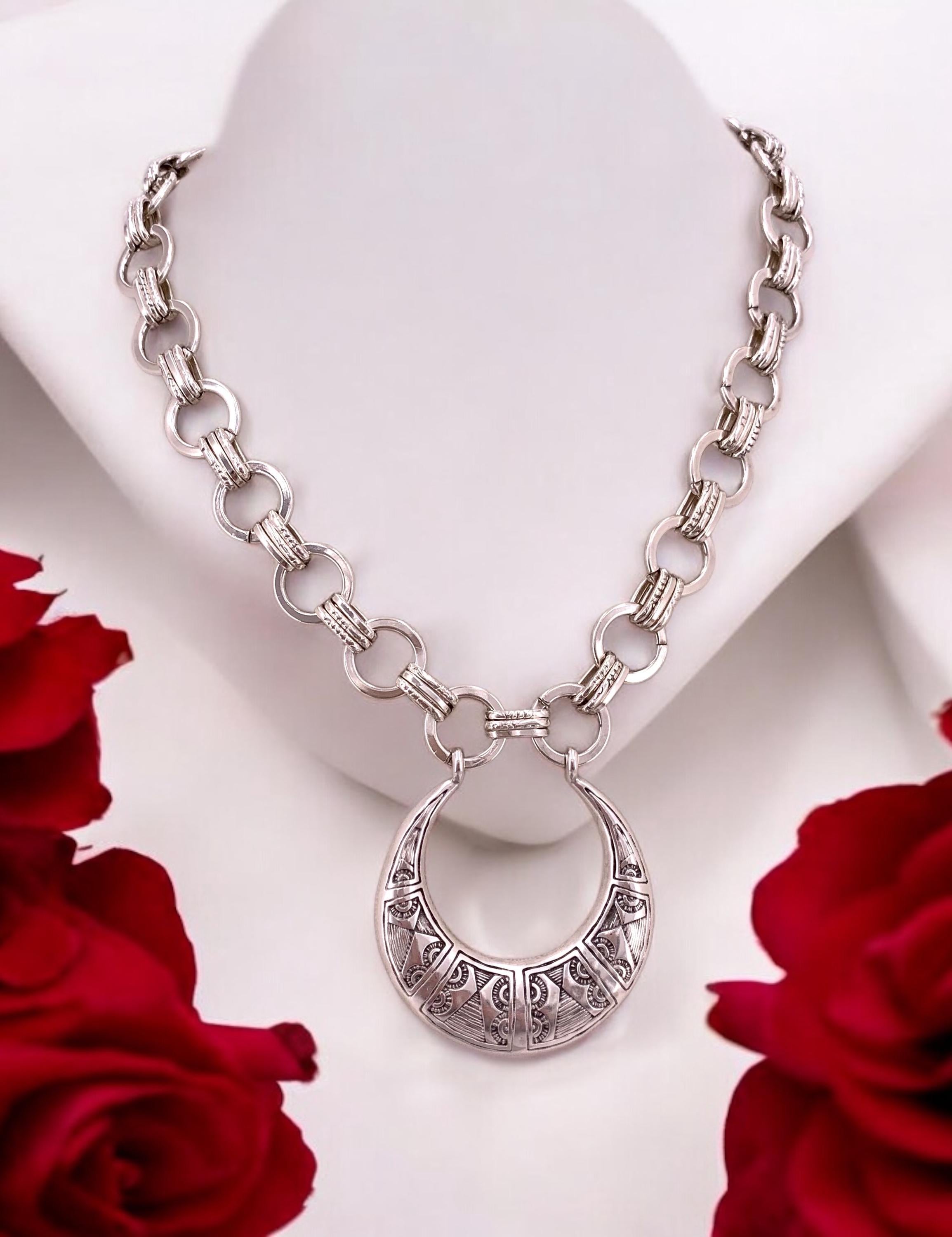 Tribal statement pendant chunky chain silver necklace, bold chain necklace, big pendant necklace, bulky necklace, , gift