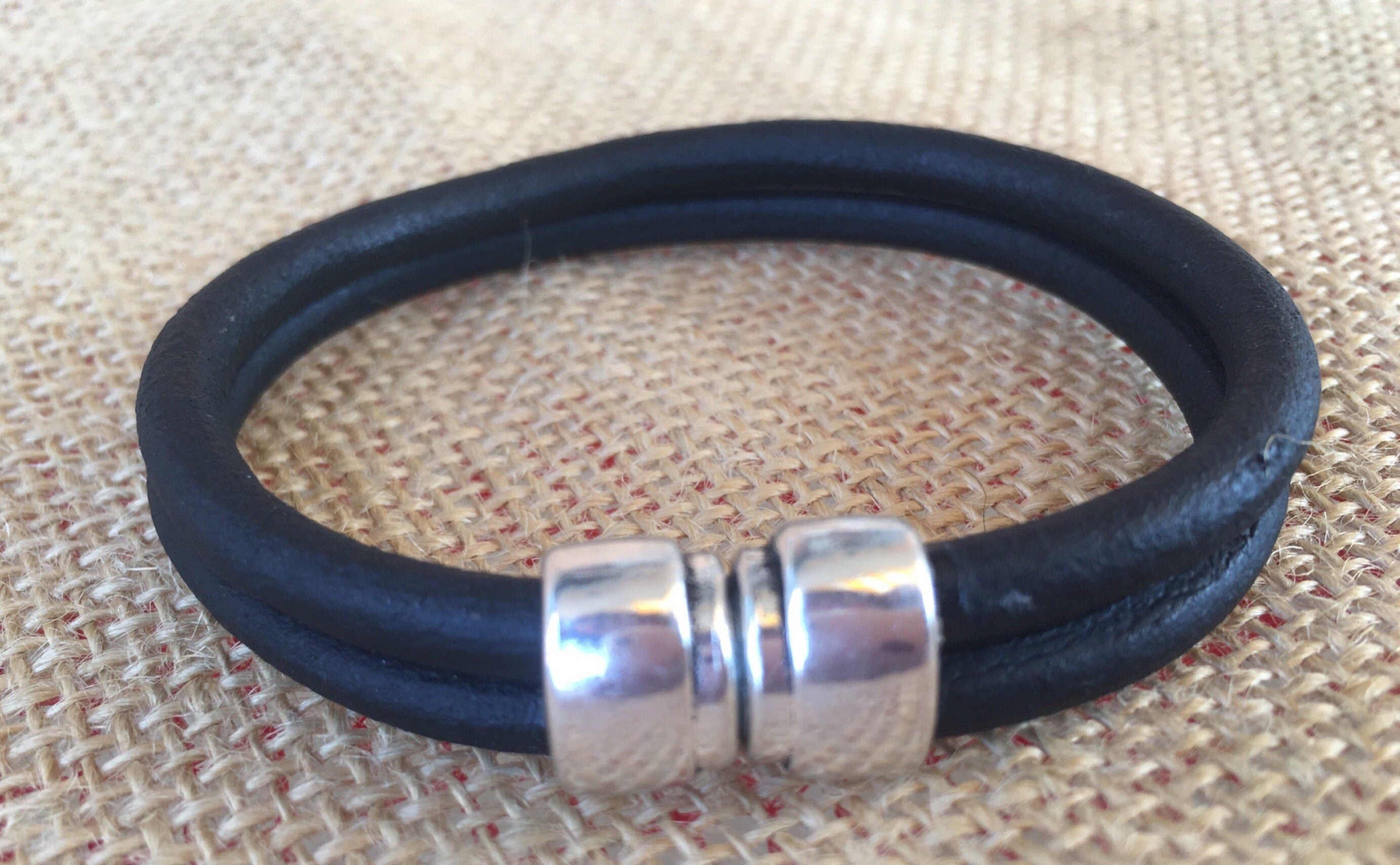 Leather Bracelet for Men with Silver Beads, Surf & Rock Style Adjustable Wristband, Handmade Minimalist Accessory