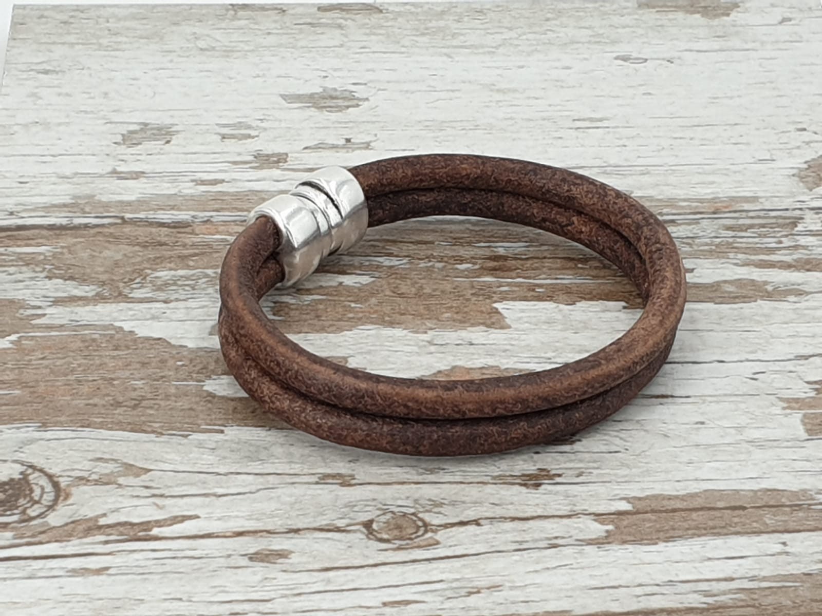 Leather Bracelet for Men with Silver Beads, Surf & Rock Style Adjustable Wristband, Handmade Minimalist Accessory