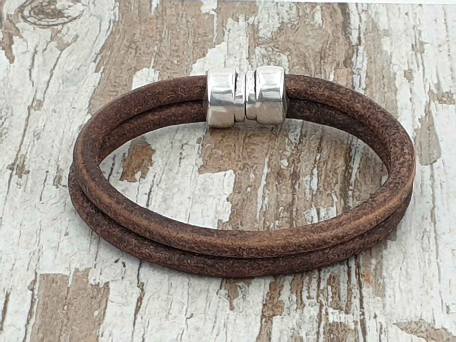 Leather Bracelet for Men with Silver Beads, Surf & Rock Style Adjustable Wristband, Handmade Minimalist Accessory