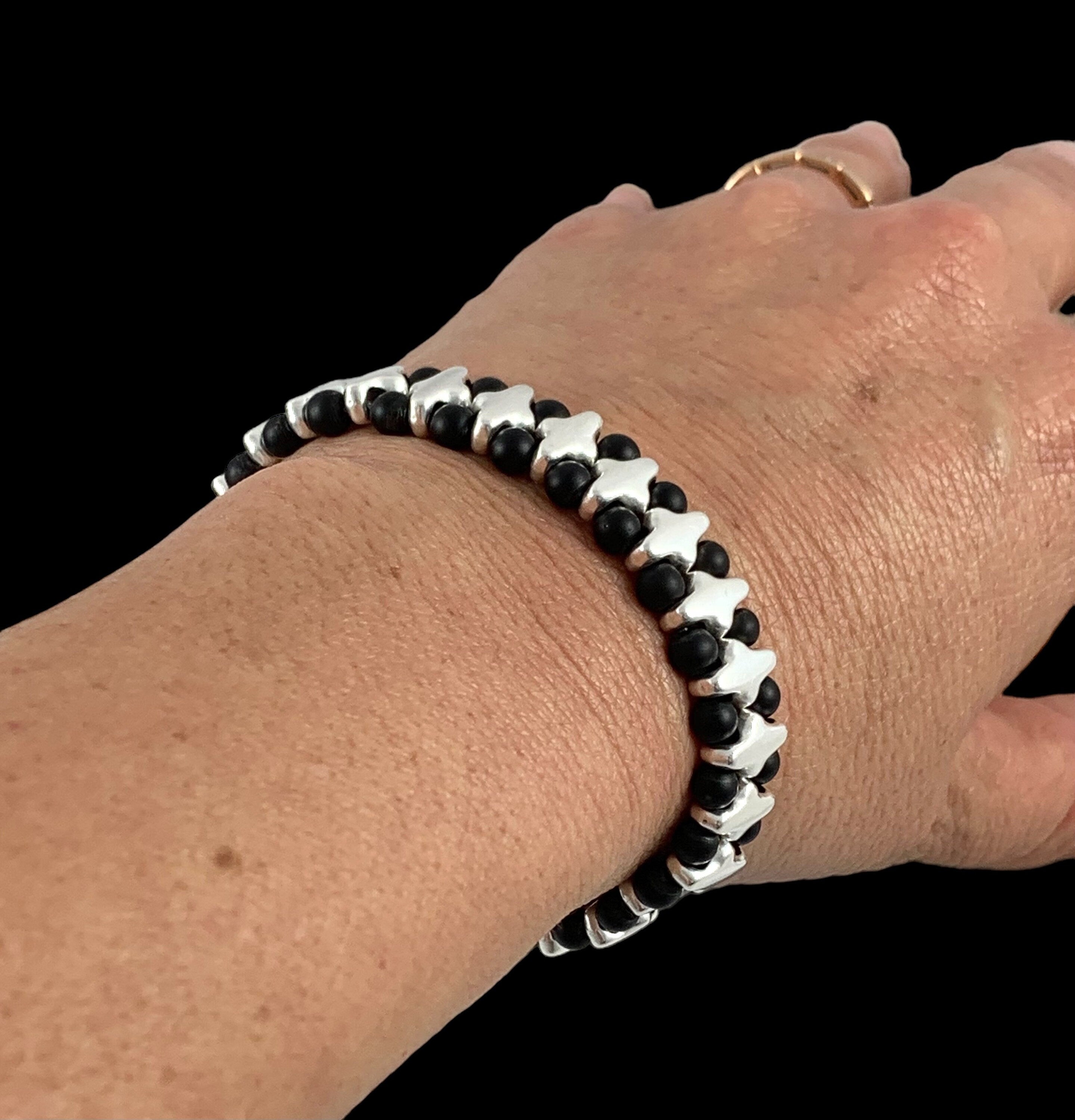Unisex original elastic silver and onyx beads bracelet women and men, double layer beaded bracelet, gemstone beads bracelet, silver bracelet