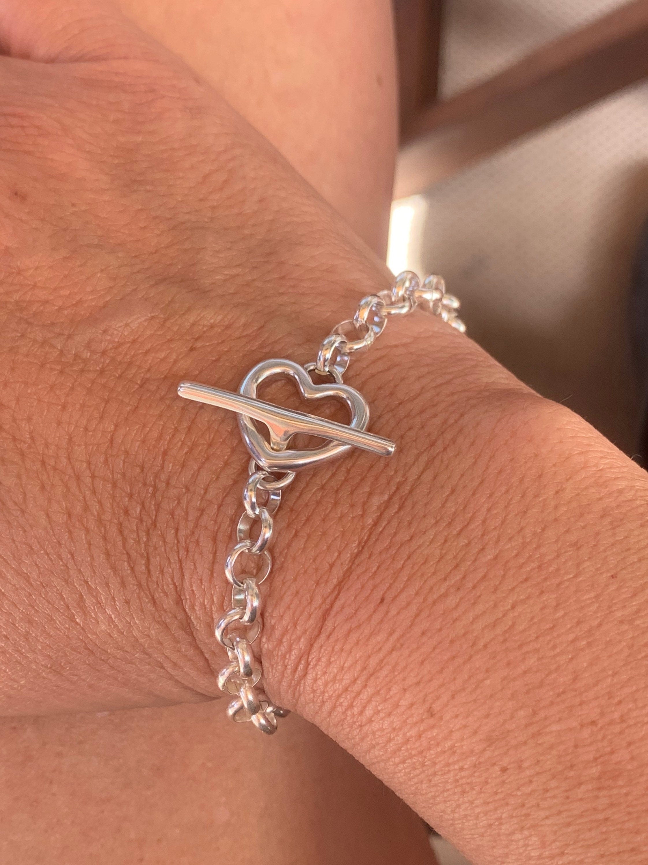 Custom silver Rolo Chain Bracelet with Heart Toggle – Bold & Romantic Statement with Sculptural Elegance,
