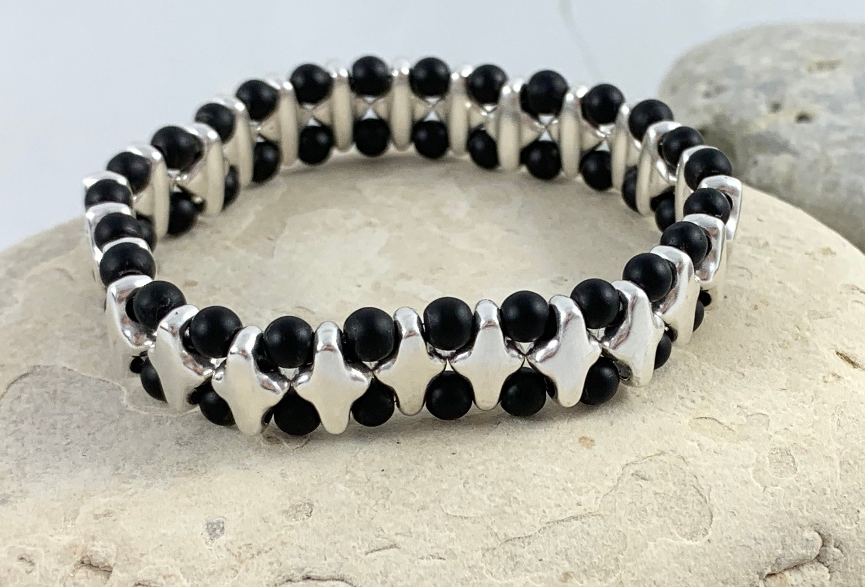 Unisex original elastic silver and onyx beads bracelet women and men, double layer beaded bracelet, gemstone beads bracelet, silver bracelet