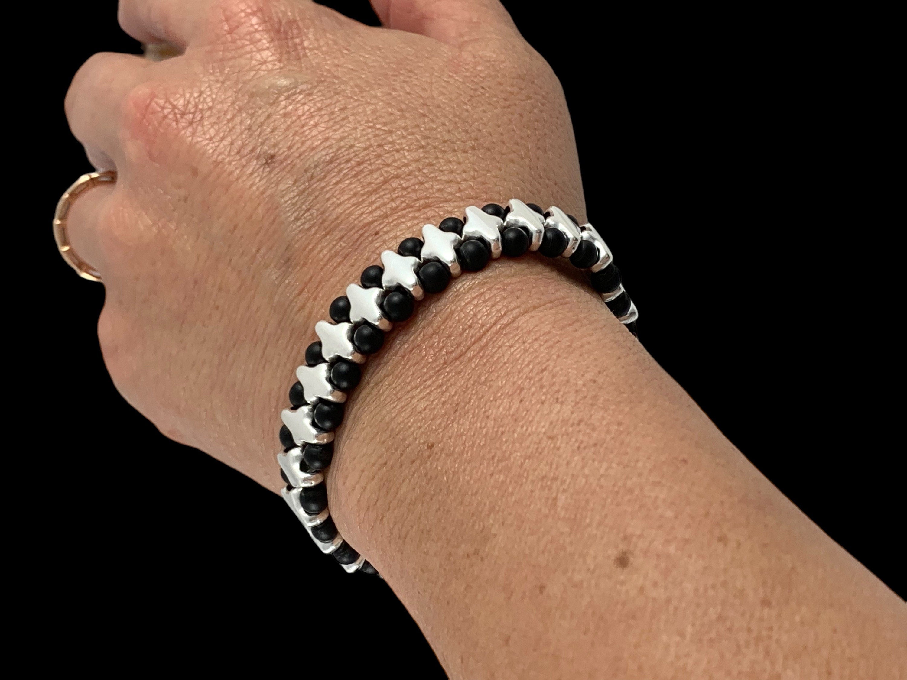 Unisex original elastic silver and onyx beads bracelet women and men, double layer beaded bracelet, gemstone beads bracelet, silver bracelet
