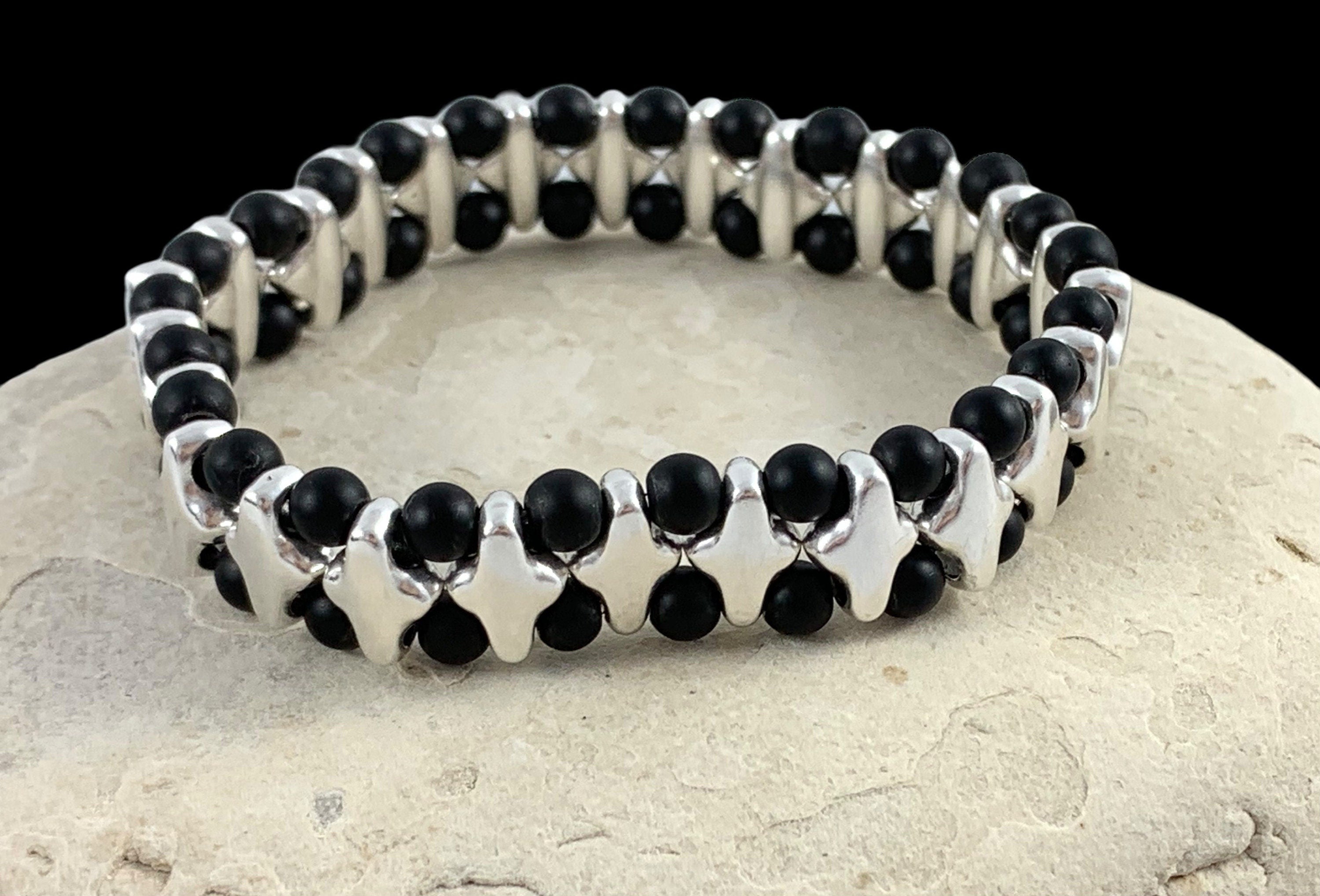 Unisex original elastic silver and onyx beads bracelet women and men, double layer beaded bracelet, gemstone beads bracelet, silver bracelet