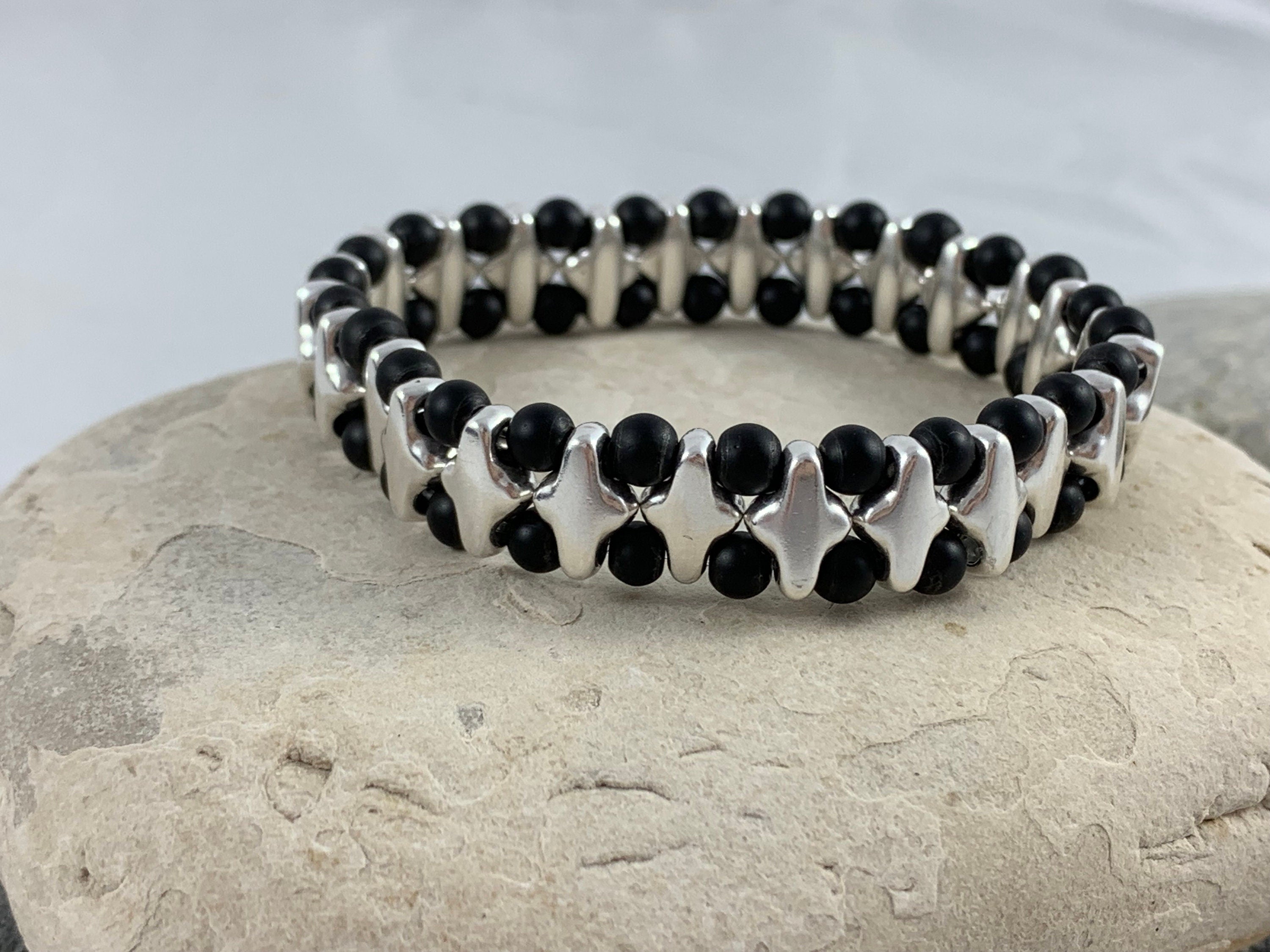 Unisex original elastic silver and onyx beads bracelet women and men, double layer beaded bracelet, gemstone beads bracelet, silver bracelet