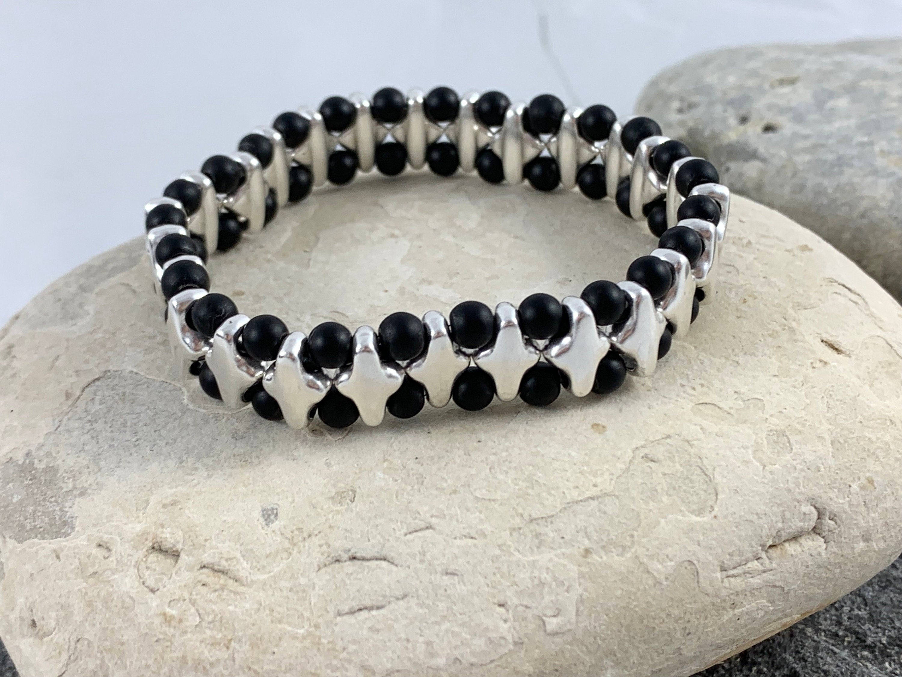 Unisex original elastic silver and onyx beads bracelet women and men, double layer beaded bracelet, gemstone beads bracelet, silver bracelet