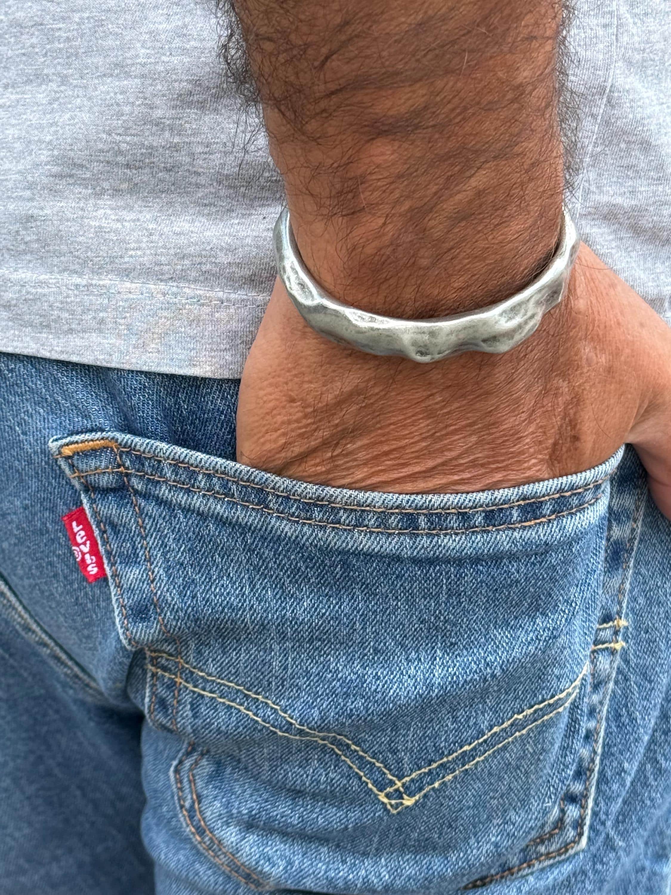 Bangle for men, dark silver hammered cuff, vintage open bracelet, chunky row open bangle, rigid men bracelet, 80’s cuff bracelet