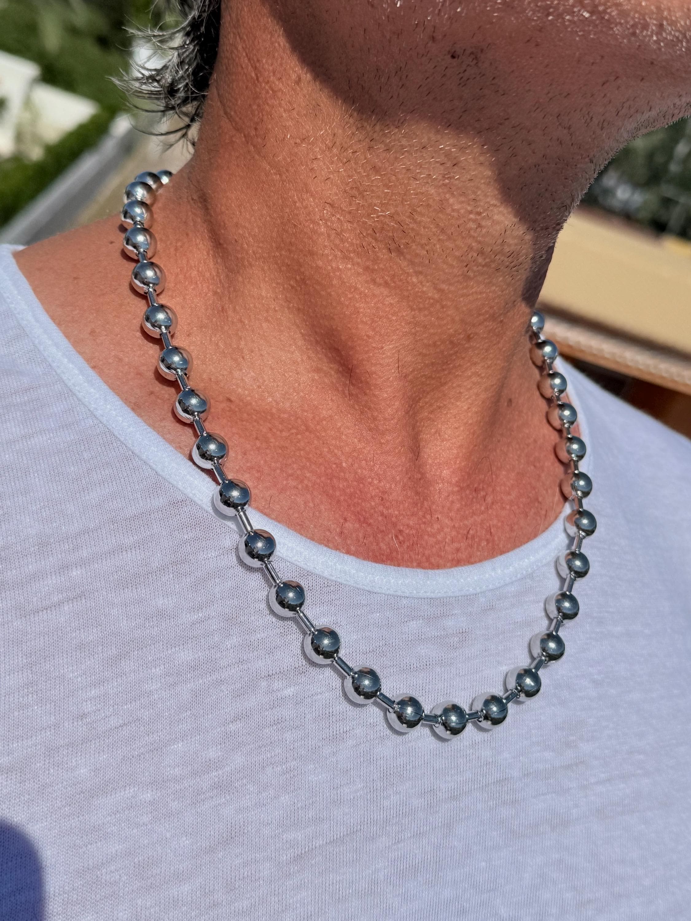 Men’s Ball Chain Necklace – 10 mm Black Silver Stainless Steel – Unisex Industrial Style – 24-Inch Water-Resistant Design