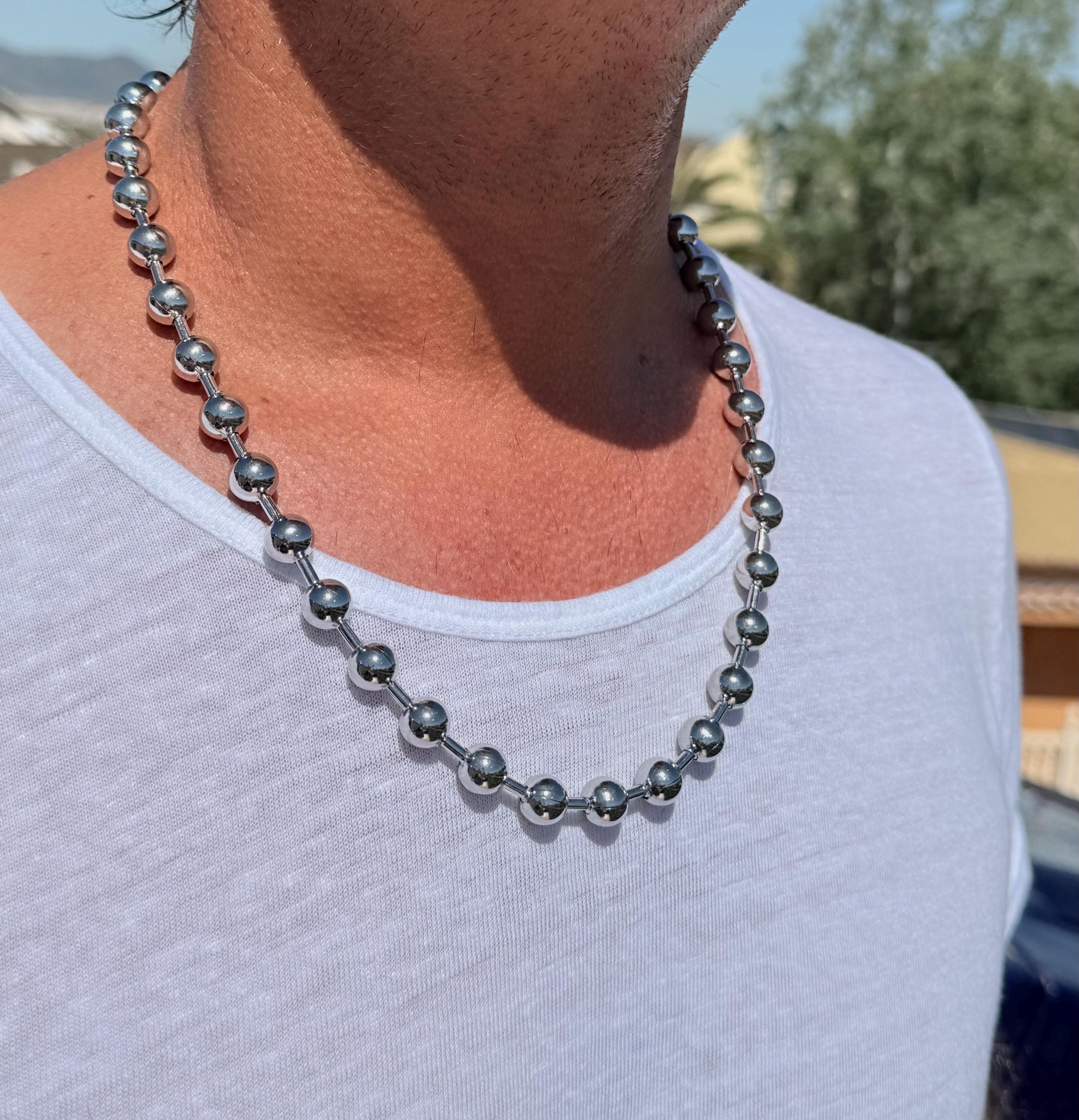 Men’s Ball Chain Necklace – 10 mm Black Silver Stainless Steel – Unisex Industrial Style – 24-Inch Water-Resistant Design