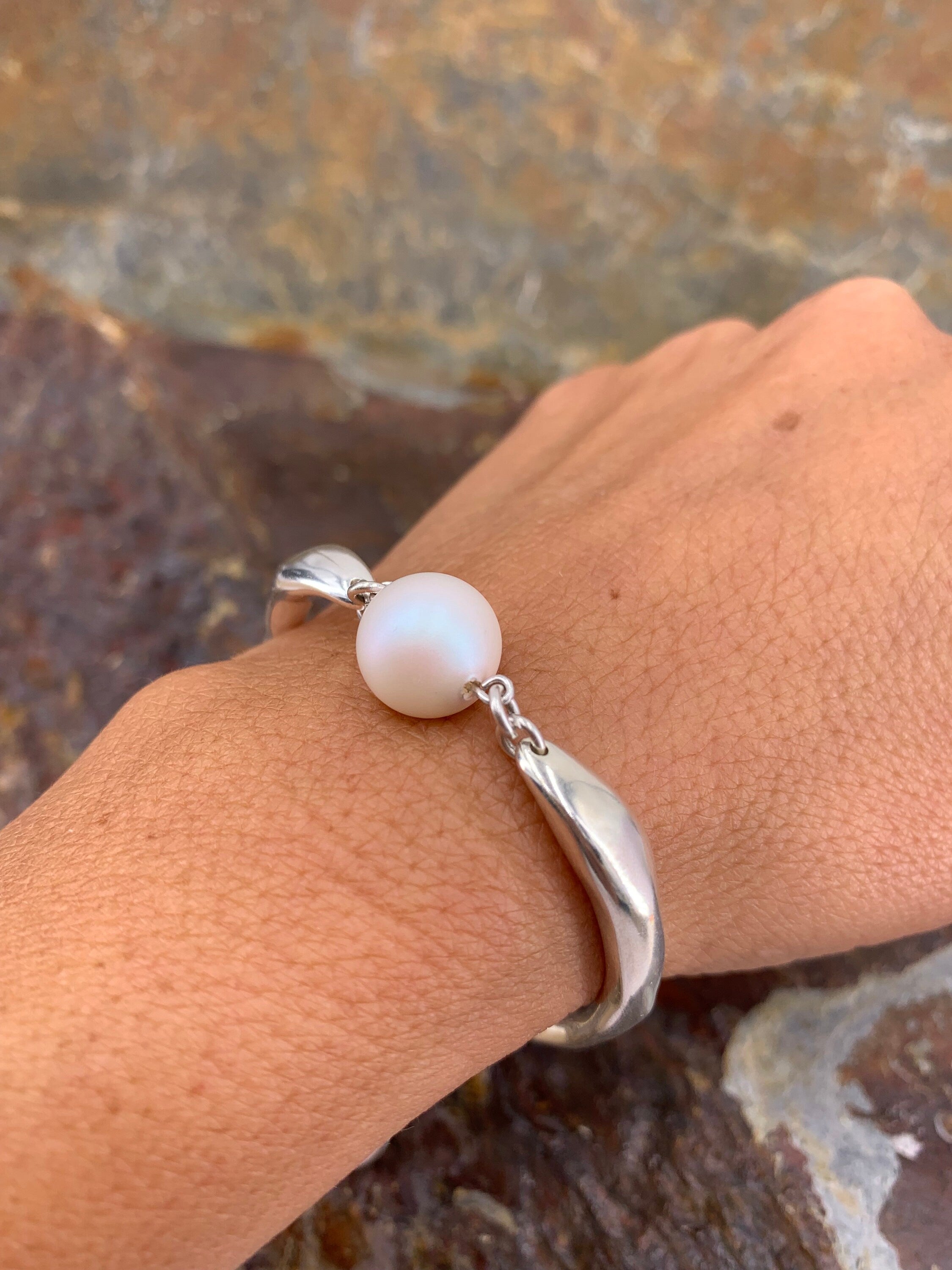 Chunky chain half cuff silver bracelet with crystal pearl, silver bracelet, statement bracelet, style, pearl bracelet, bold bracel