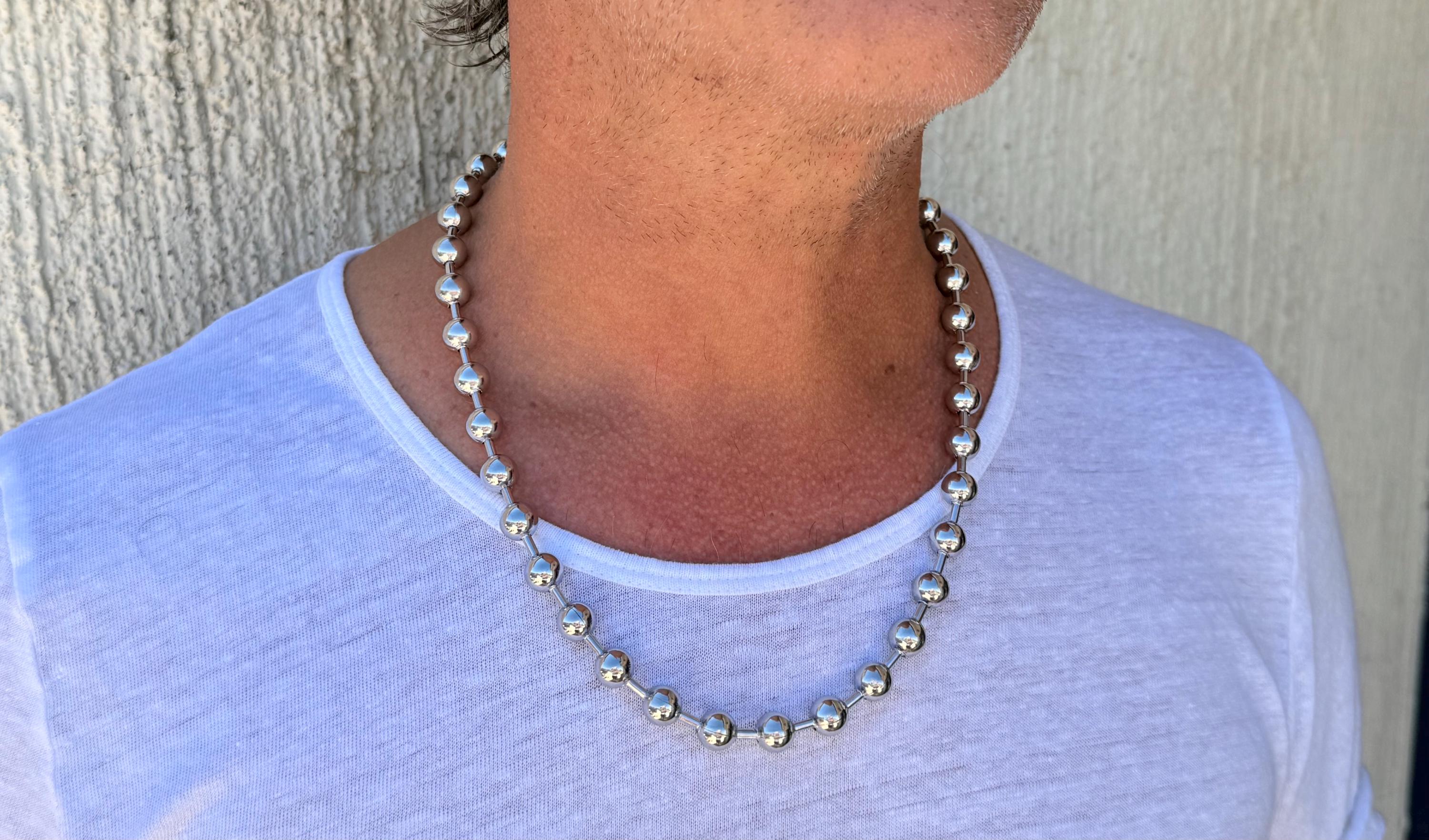 Men’s Ball Chain Necklace – 10 mm Black Silver Stainless Steel – Unisex Industrial Style – 24-Inch Water-Resistant Design