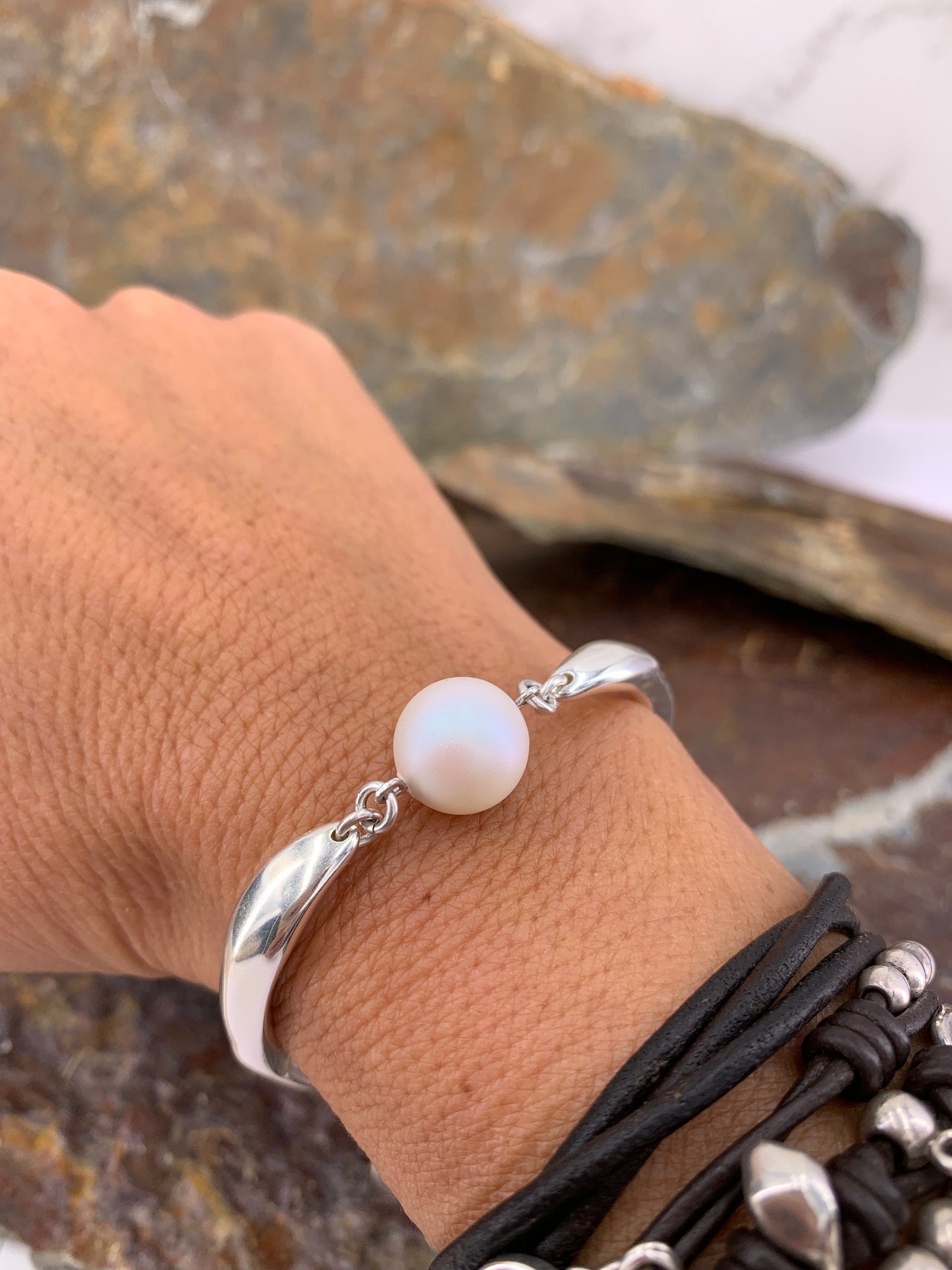 Chunky chain half cuff silver bracelet with crystal pearl, silver bracelet, statement bracelet, style, pearl bracelet, bold bracel