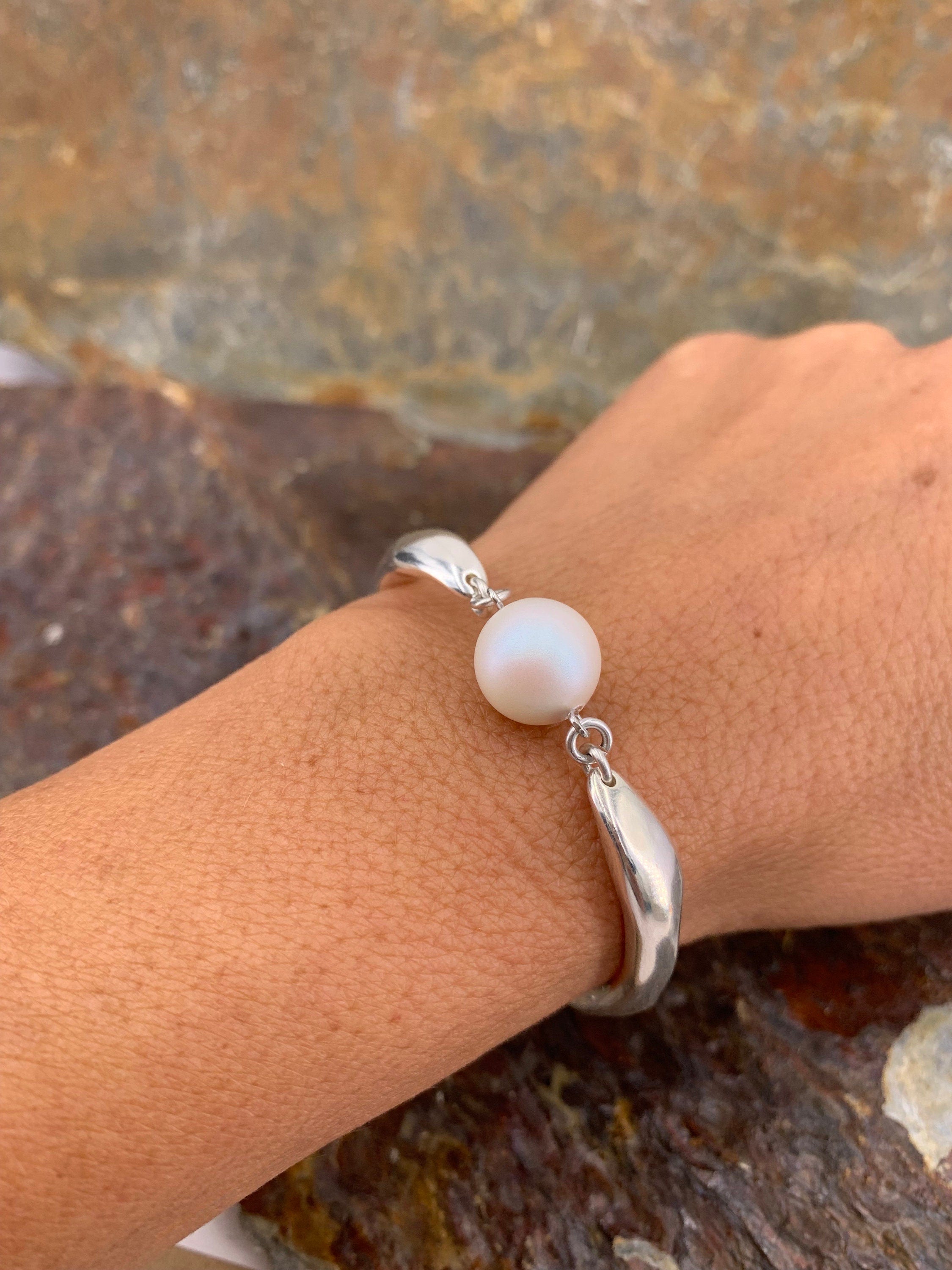 Chunky chain half cuff silver bracelet with crystal pearl, silver bracelet, statement bracelet, style, pearl bracelet, bold bracel
