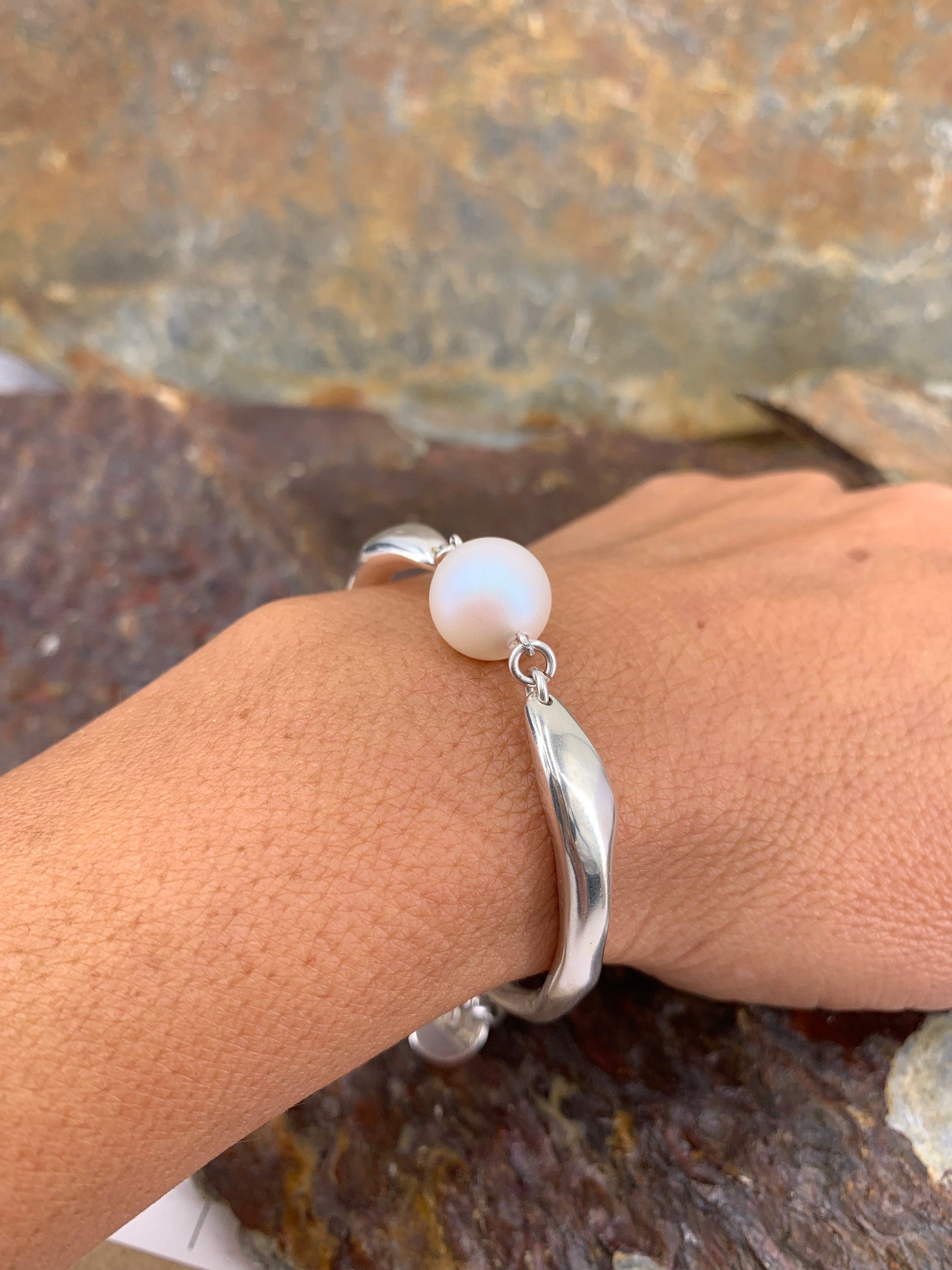Chunky chain half cuff silver bracelet with crystal pearl, silver bracelet, statement bracelet, style, pearl bracelet, bold bracel