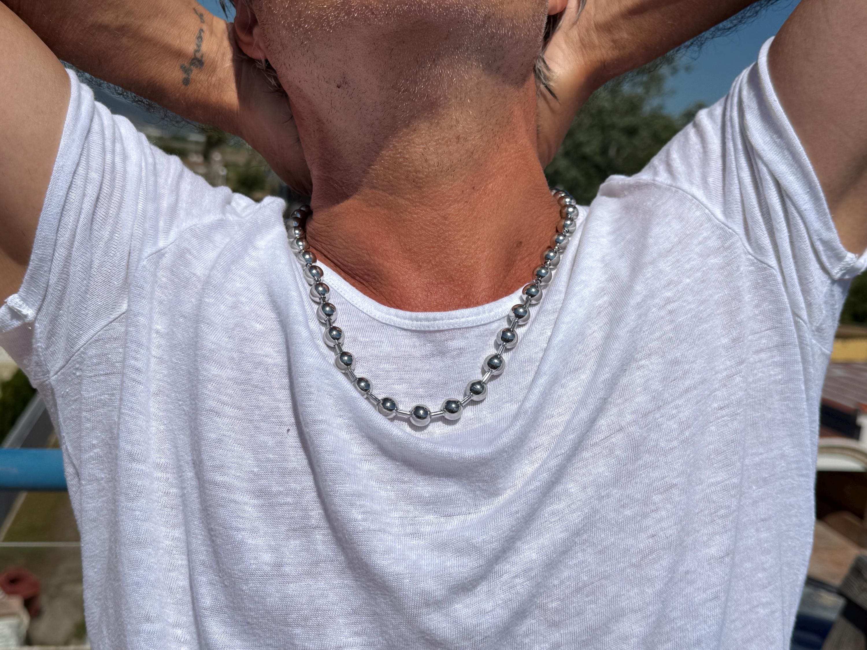 Men’s Ball Chain Necklace – 10 mm Black Silver Stainless Steel – Unisex Industrial Style – 24-Inch Water-Resistant Design