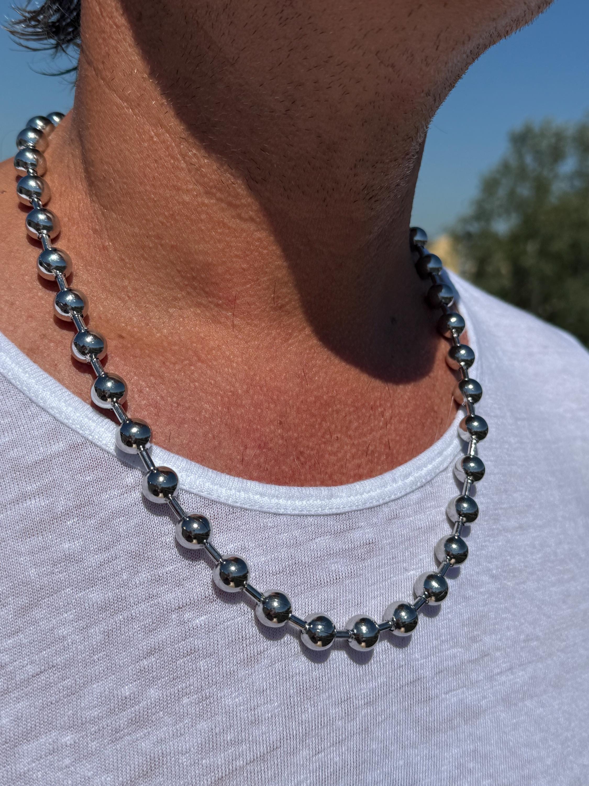 Men’s Ball Chain Necklace – 10 mm Black Silver Stainless Steel – Unisex Industrial Style – 24-Inch Water-Resistant Design