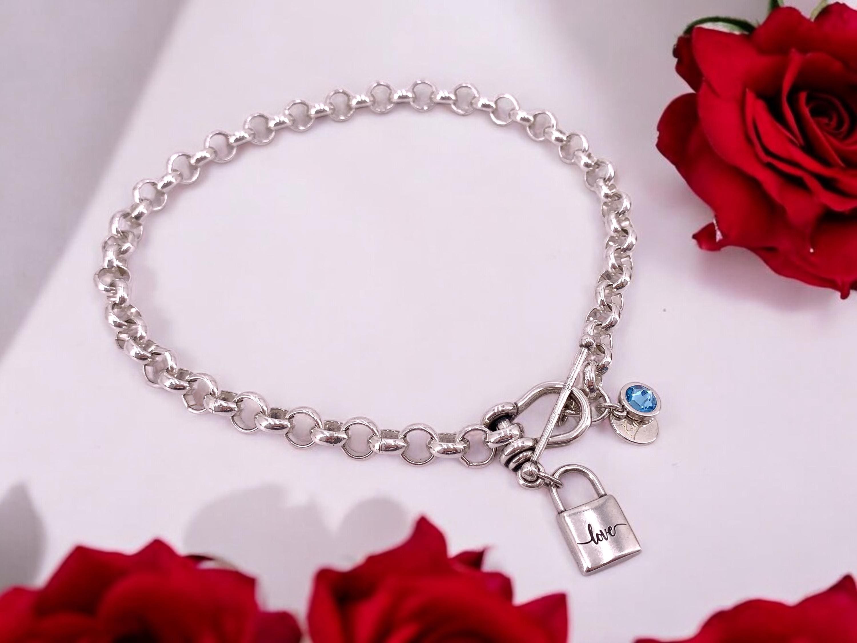 Chunky Silver Chain Necklace – “Love” Padlock Pendant & Swarovski Crystal – Stirrup Toggle Clasp – Handmade Statement Jewelry