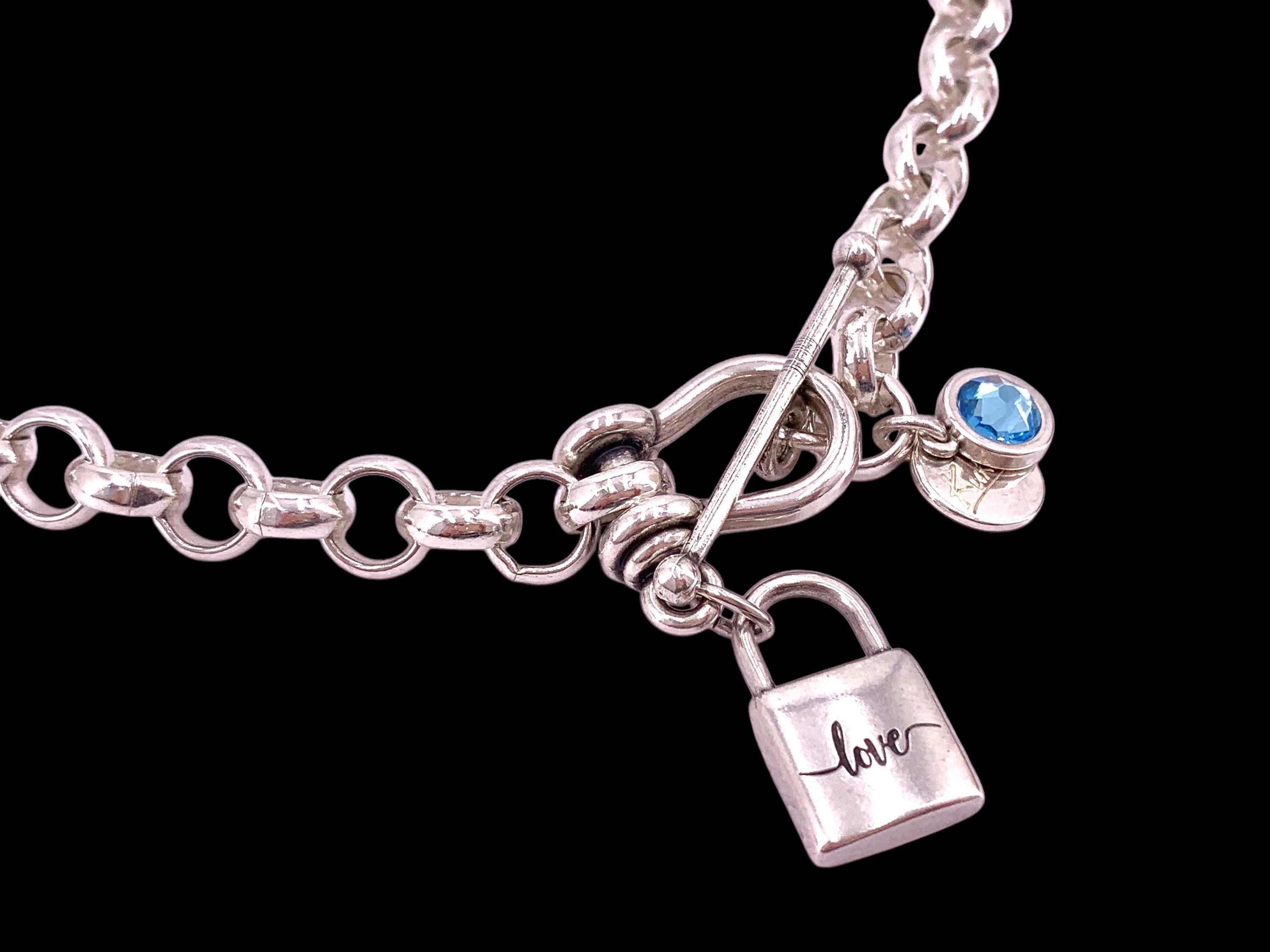 Chunky Silver Chain Necklace – “Love” Padlock Pendant & Swarovski Crystal – Stirrup Toggle Clasp – Handmade Statement Jewelry