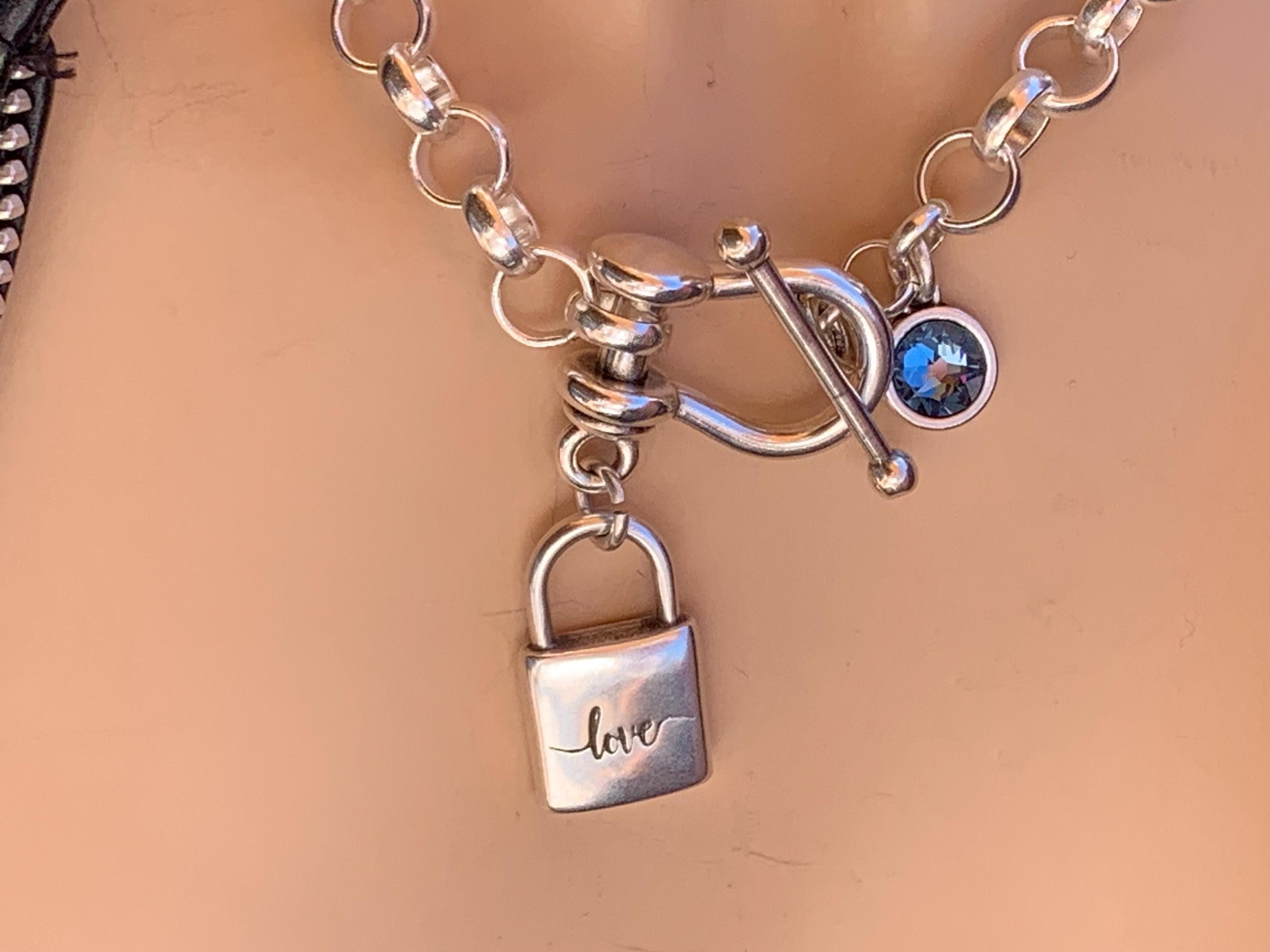 Chunky Silver Chain Necklace – “Love” Padlock Pendant & Swarovski Crystal – Stirrup Toggle Clasp – Handmade Statement Jewelry