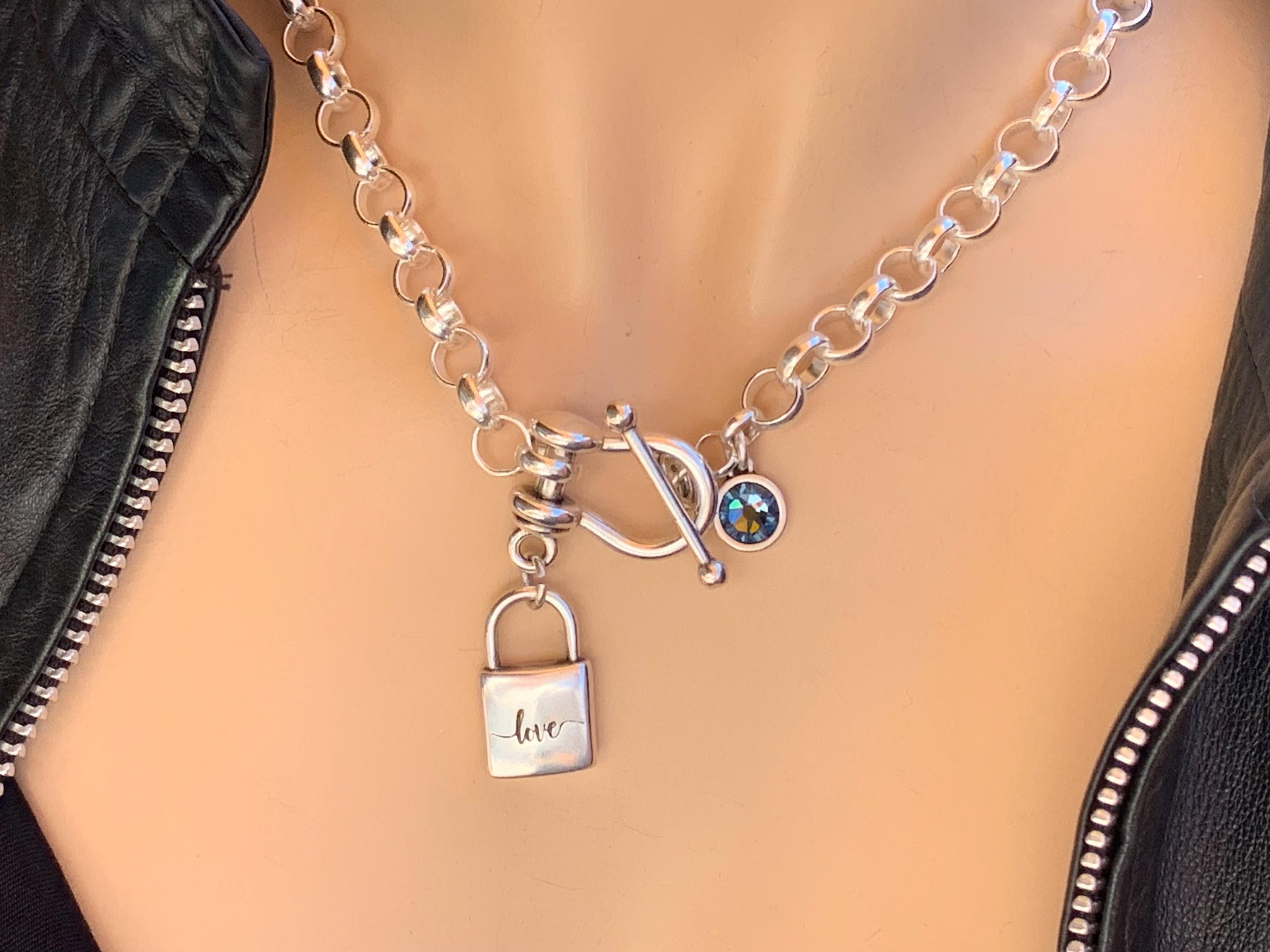 Chunky Silver Chain Necklace – “Love” Padlock Pendant & Swarovski Crystal – Stirrup Toggle Clasp – Handmade Statement Jewelry
