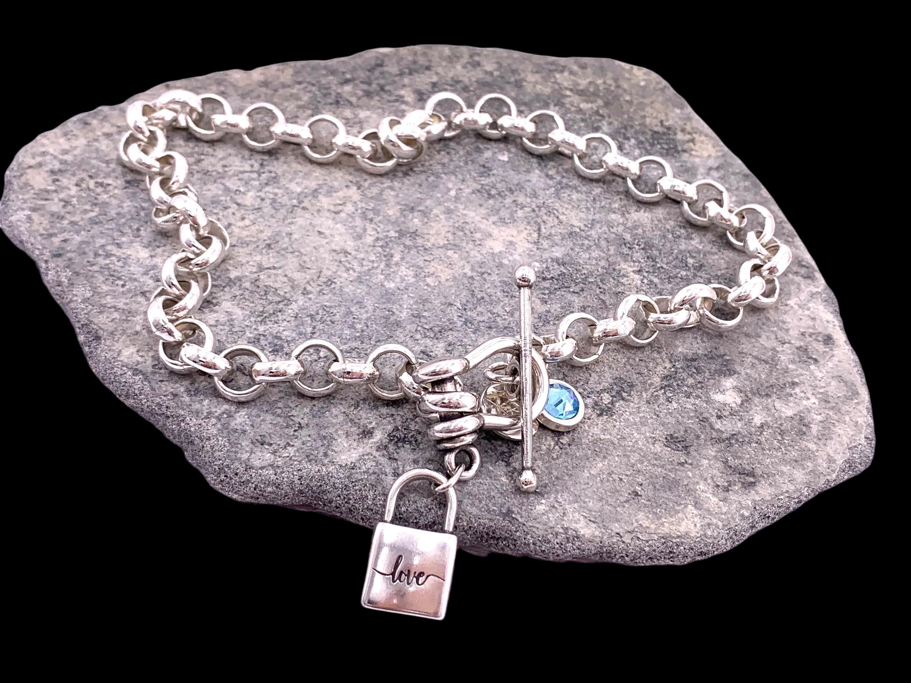 Chunky Silver Chain Necklace – “Love” Padlock Pendant & Swarovski Crystal – Stirrup Toggle Clasp – Handmade Statement Jewelry