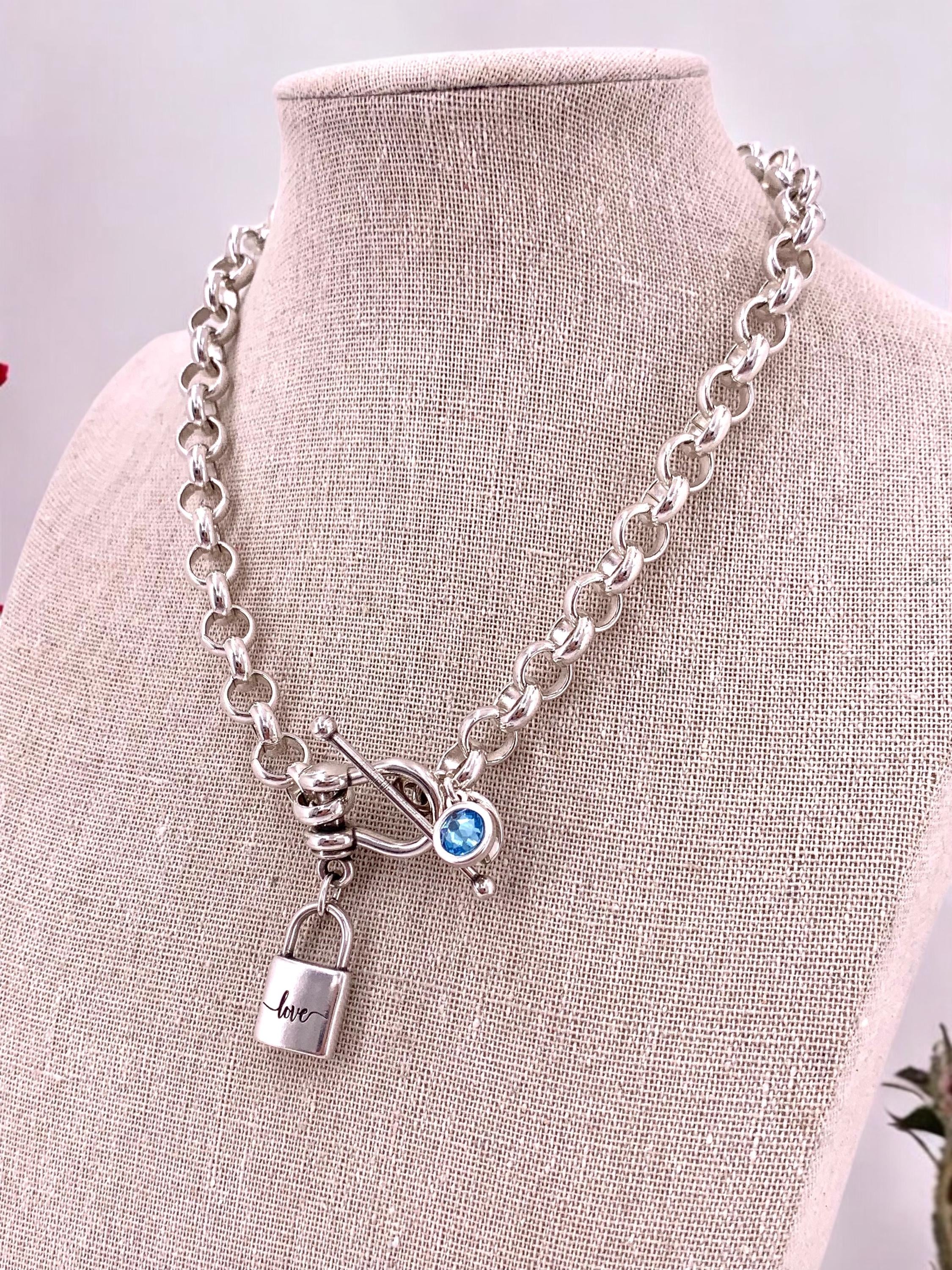 Chunky Silver Chain Necklace – “Love” Padlock Pendant & Swarovski Crystal – Stirrup Toggle Clasp – Handmade Statement Jewelry