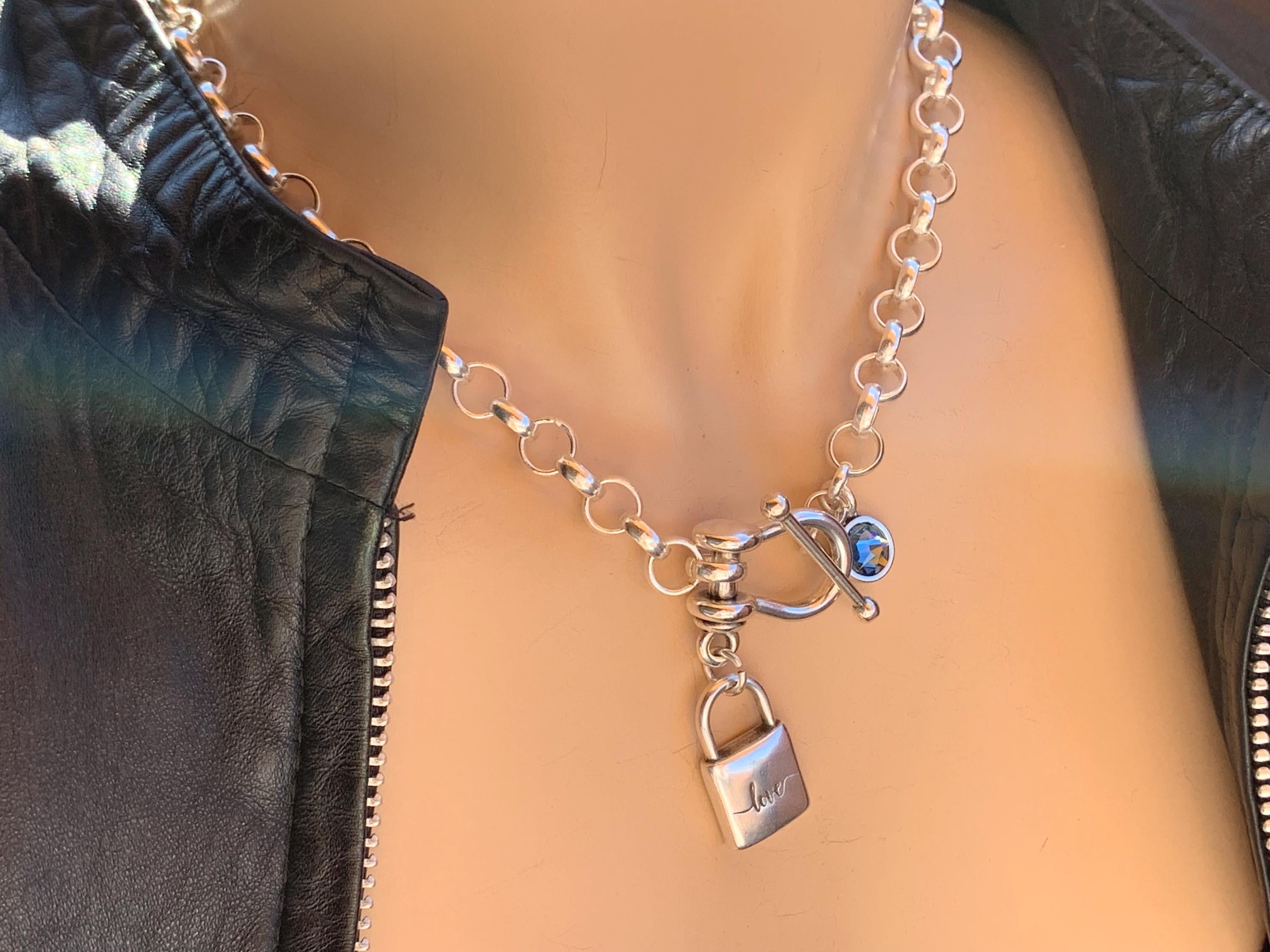 Chunky Silver Chain Necklace – “Love” Padlock Pendant & Swarovski Crystal – Stirrup Toggle Clasp – Handmade Statement Jewelry