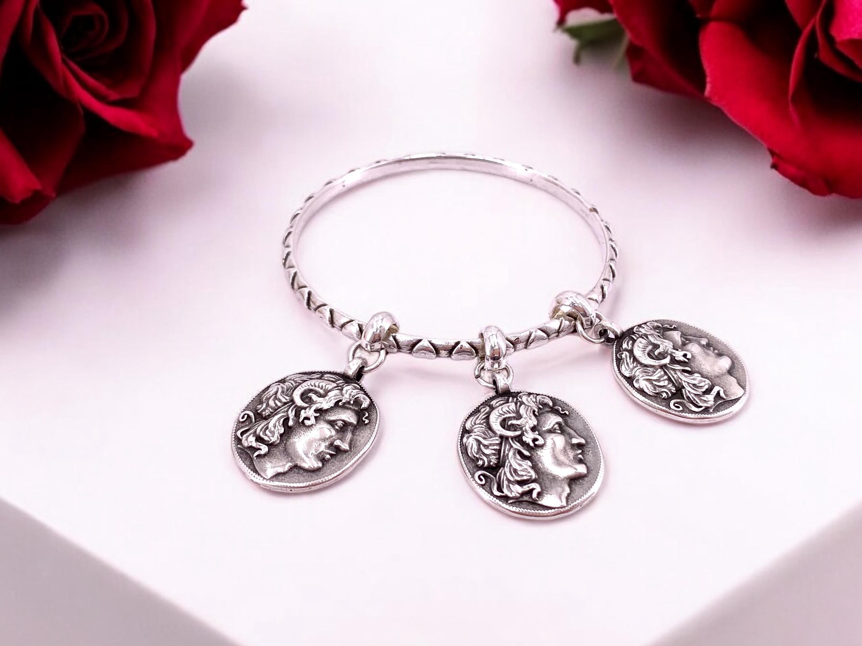 antique silver plated engraved dangling coin pendants bangle, cuff bangle, stackable bangle, rigid bangle, uno de 50 style, valentines gift