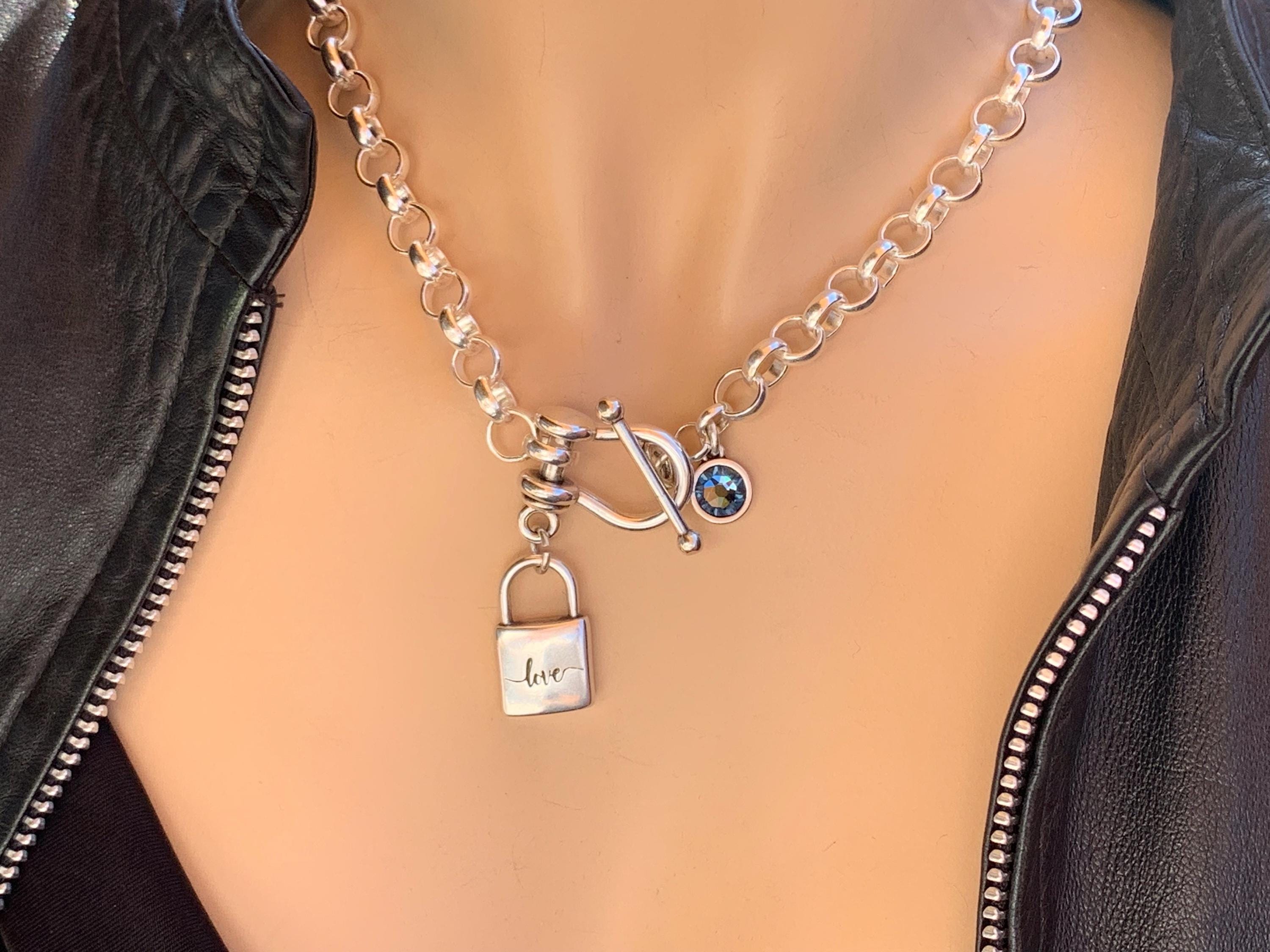 Chunky Silver Chain Necklace – “Love” Padlock Pendant & Swarovski Crystal – Stirrup Toggle Clasp – Handmade Statement Jewelry