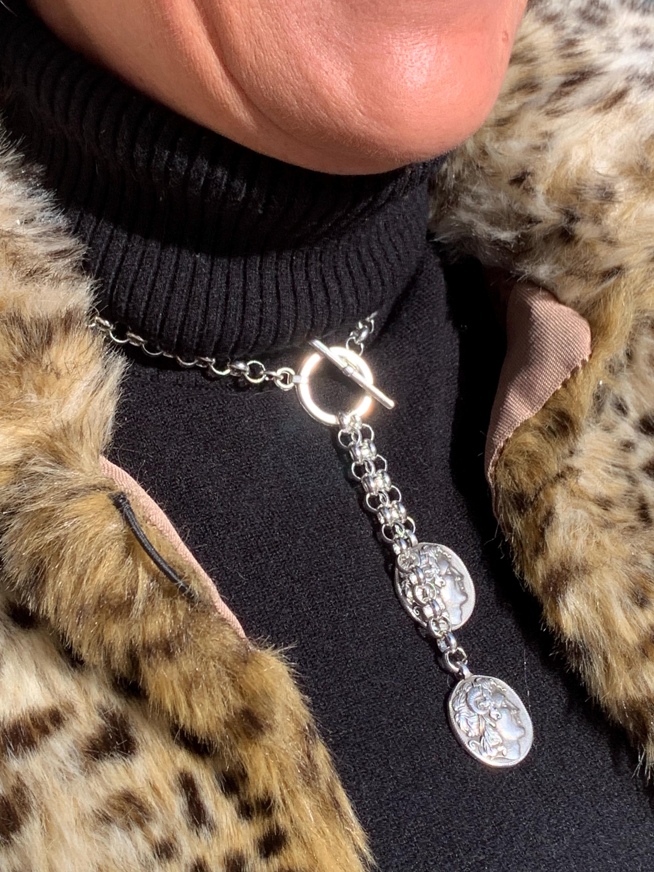 chunky silver lariat coin pendant statement necklace, toggle silver pendant necklace, uno de 50 style, bold chain T necklace, gift for women